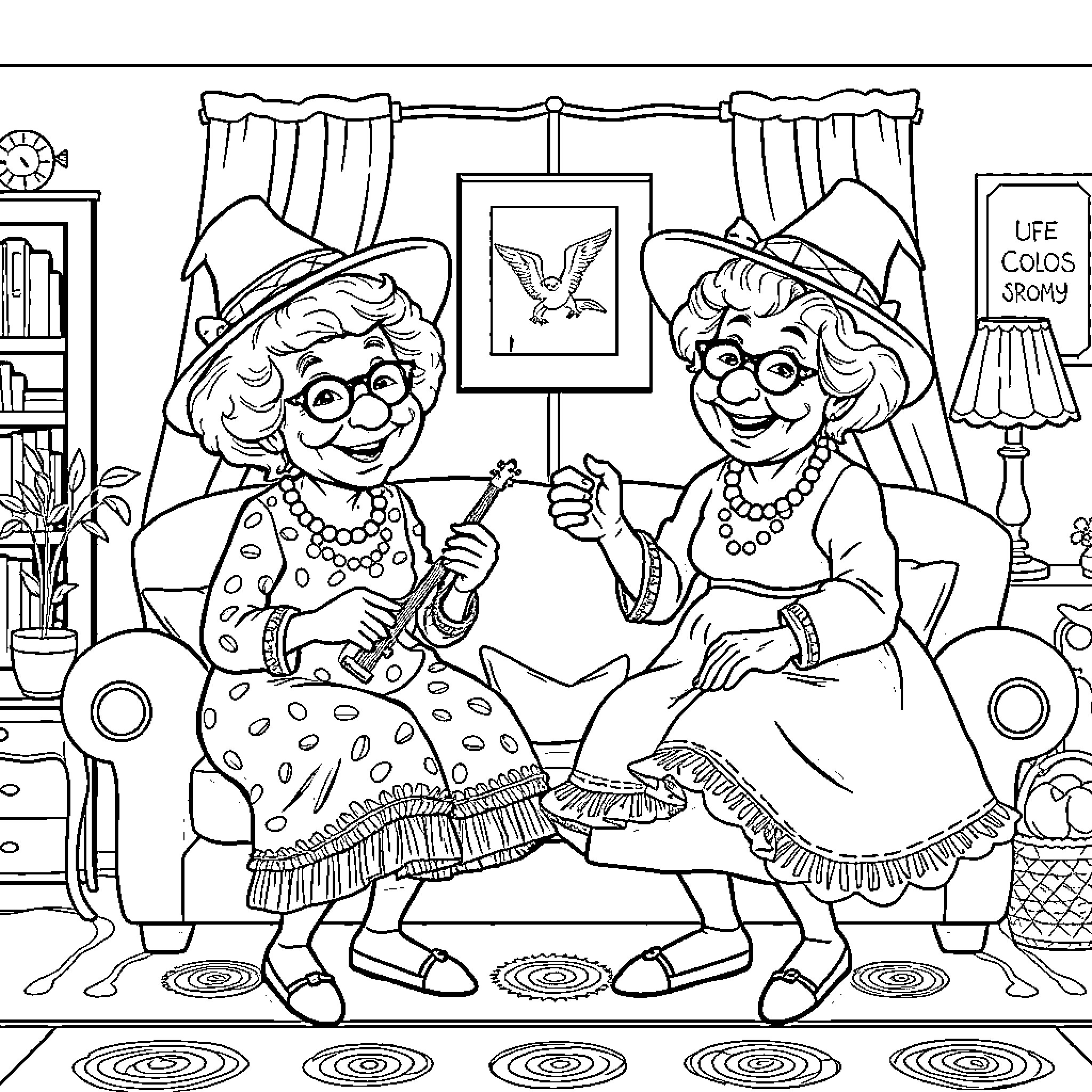 Granny friends enjoying a cozy afternoon together Coloring Page (free black-and-white line drawing printable PDF for all, from beginners to advanced learners, including children, teens, adults, and seniors)