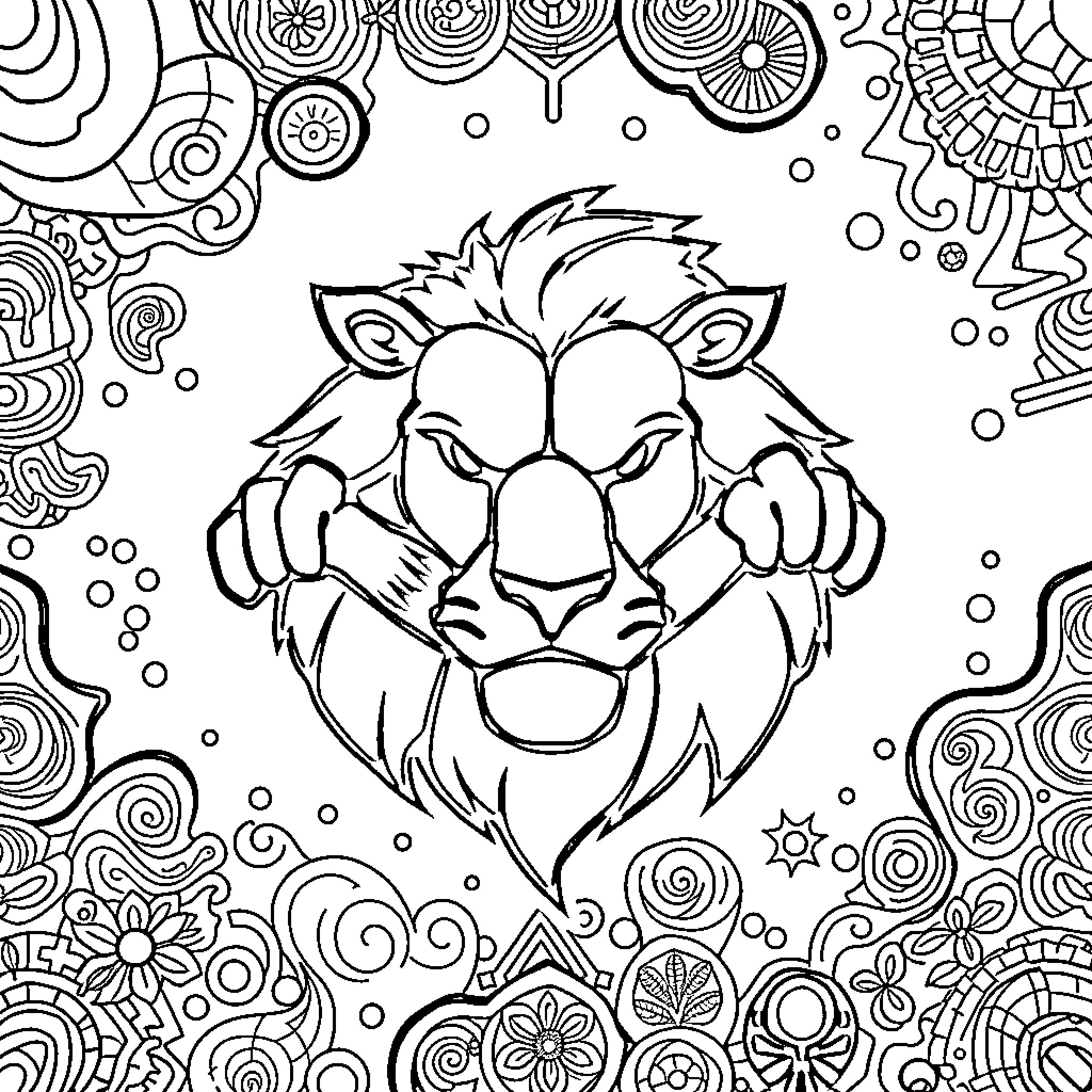 Lion roaring with tribal patterns Coloring Page (free black-and-white line drawing printable PDF for all, from beginners to advanced learners, including children, teens, adults, and seniors)