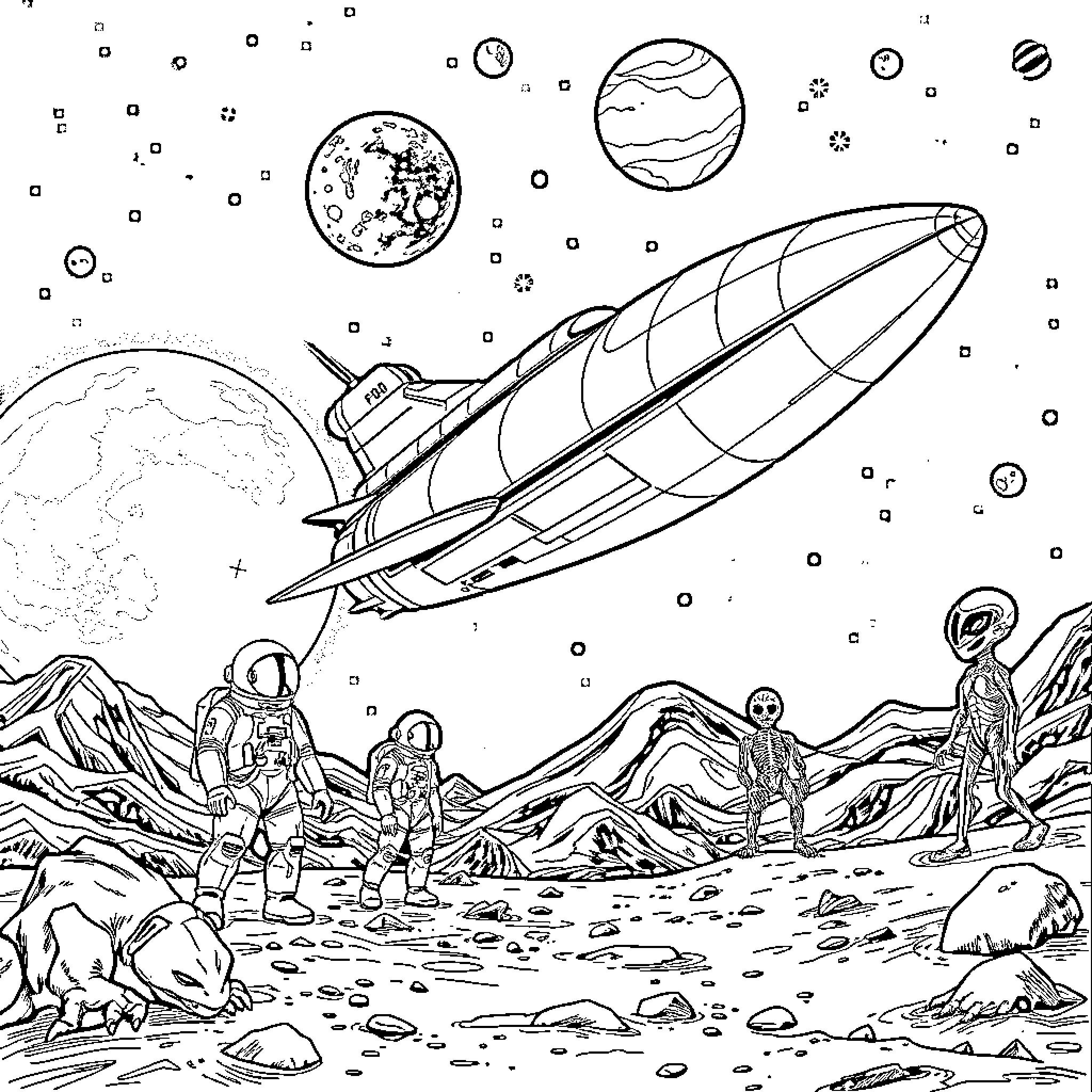 Spaceship exploring alien landscapes and planets Coloring Page (free black-and-white line drawing printable PDF for all, from beginners to advanced learners, including children, teens, adults, and seniors)