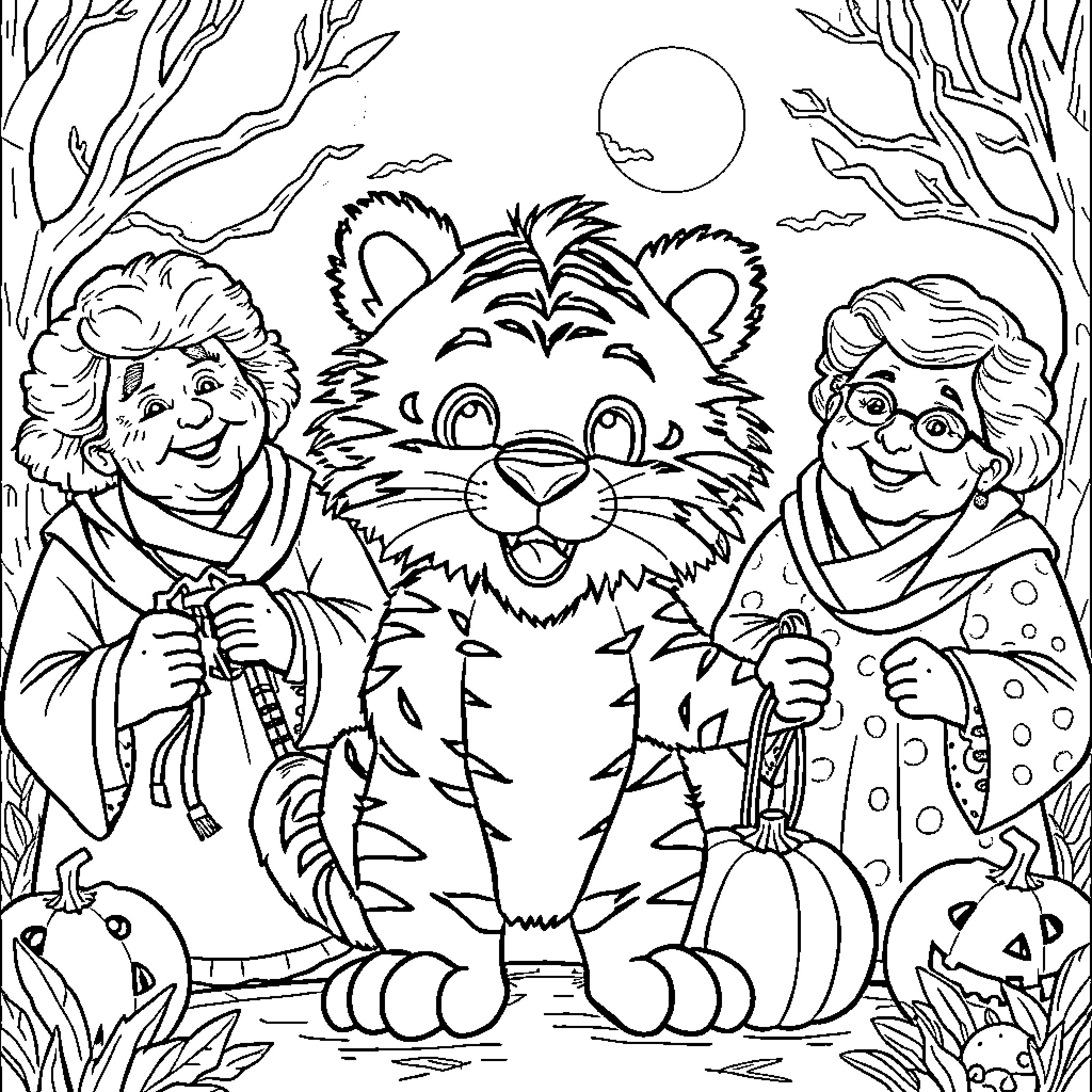 Tiger with older adults in a spooky forest setting Coloring Page (free black-and-white line drawing printable PDF for all, from beginners to advanced learners, including children, teens, adults, and seniors)