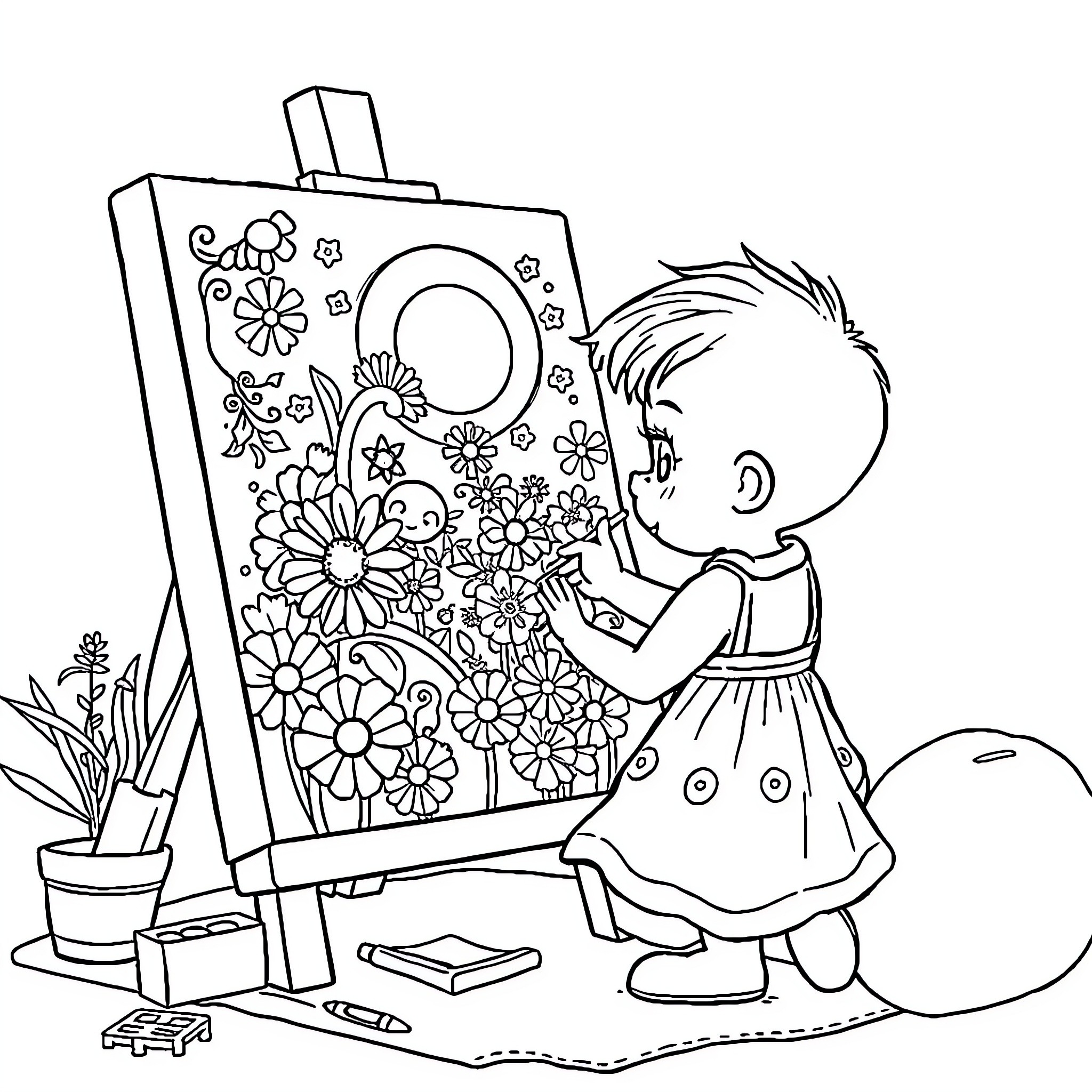 Bebefin Painting Flowers on an Easel Coloring Page (free black-and-white line drawing printable PDF for all, from beginners to advanced learners, including children, teens, adults, and seniors)