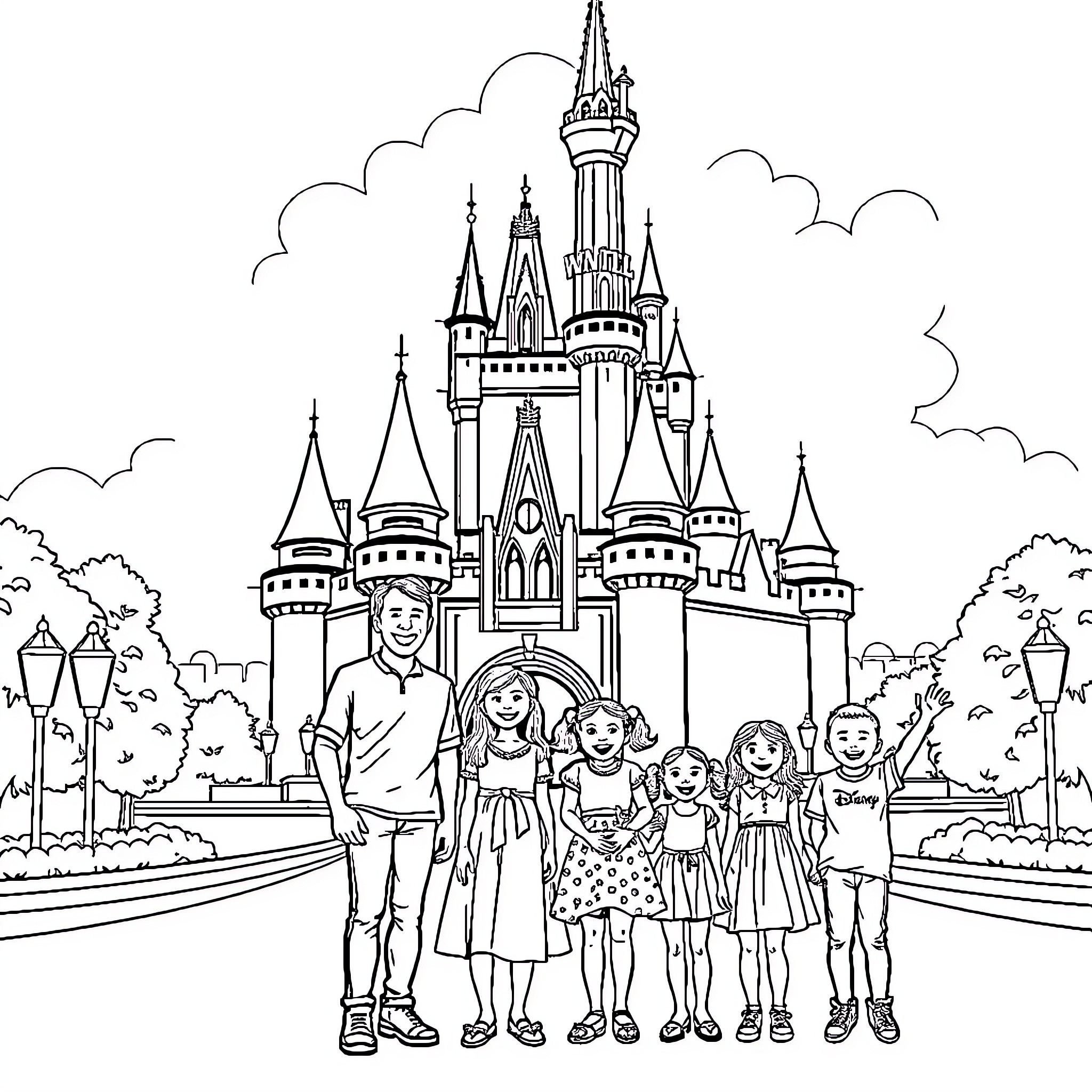 Family enjoying a day at the enchanted castle Coloring Page (free black-and-white line drawing printable PDF for all, from beginners to advanced learners, including children, teens, adults, and seniors)