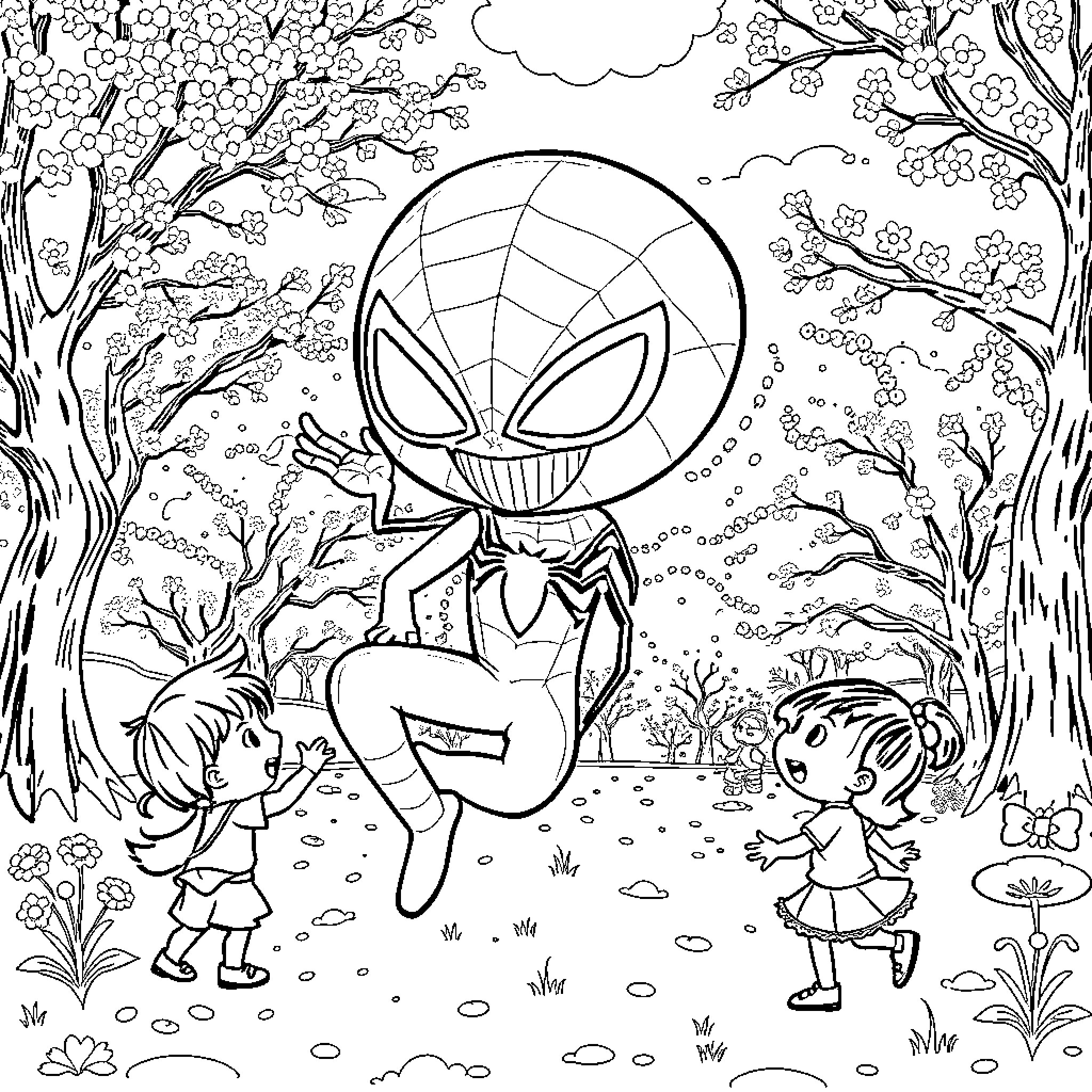 Spidey's Playful Adventure in the Enchanted Forest Coloring Page (free black-and-white line drawing printable PDF for all, from beginners to advanced learners, including children, teens, adults, and seniors)