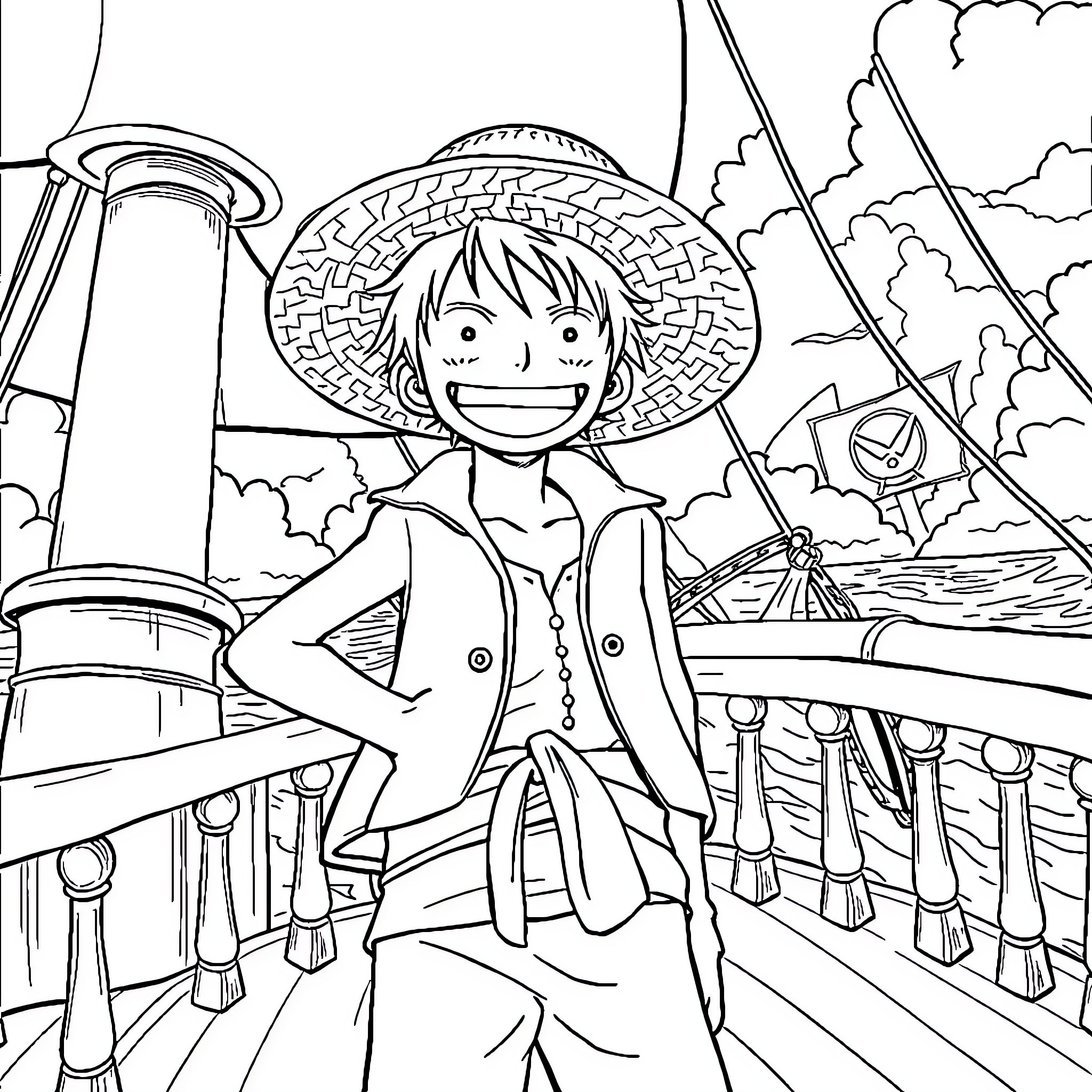 Luffy enjoying an adventure on a seafaring ship Coloring Page (free black-and-white line drawing printable PDF for all, from beginners to advanced learners, including children, teens, adults, and seniors)