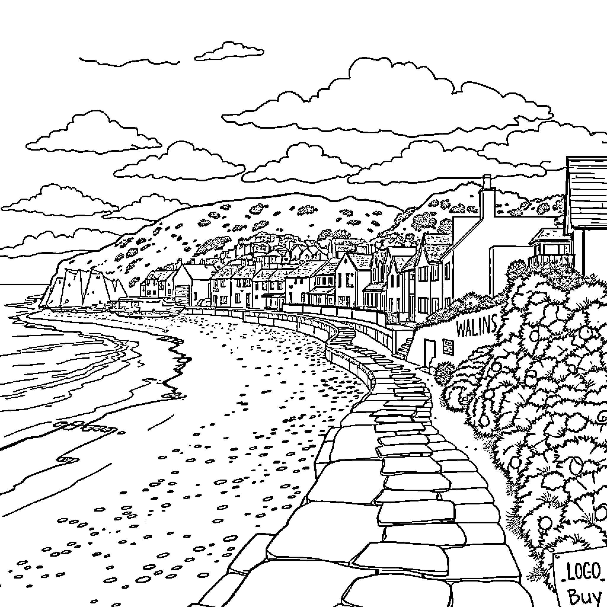 Saundersfoot: Coastal Village with Scenic Beach View Coloring Page (free black-and-white line drawing printable PDF for all, from beginners to advanced learners, including children, teens, adults, and seniors)