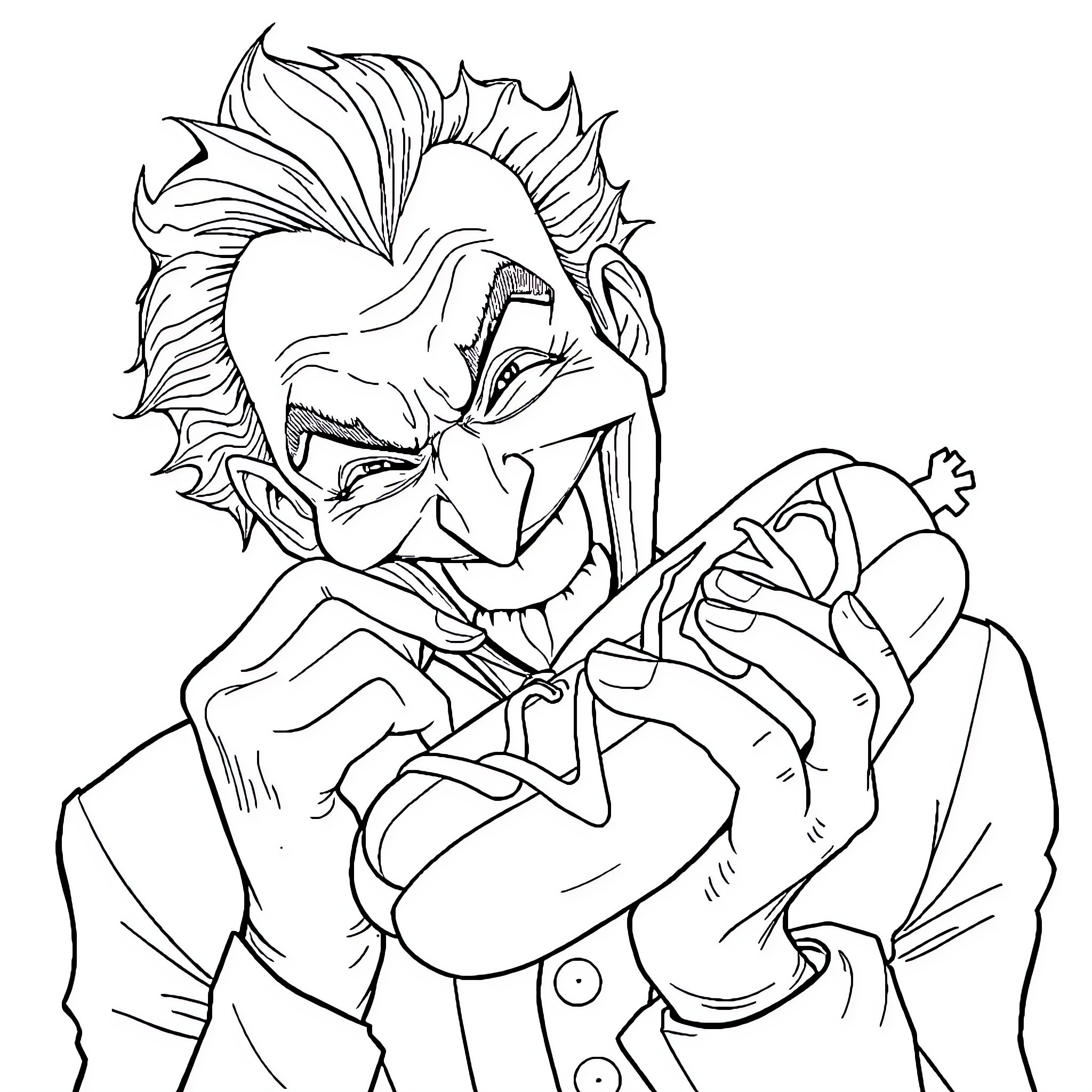 Joker in Mischievous Pose Coloring Page (free black-and-white line drawing printable PDF for all, from beginners to advanced learners, including children, teens, adults, and seniors)