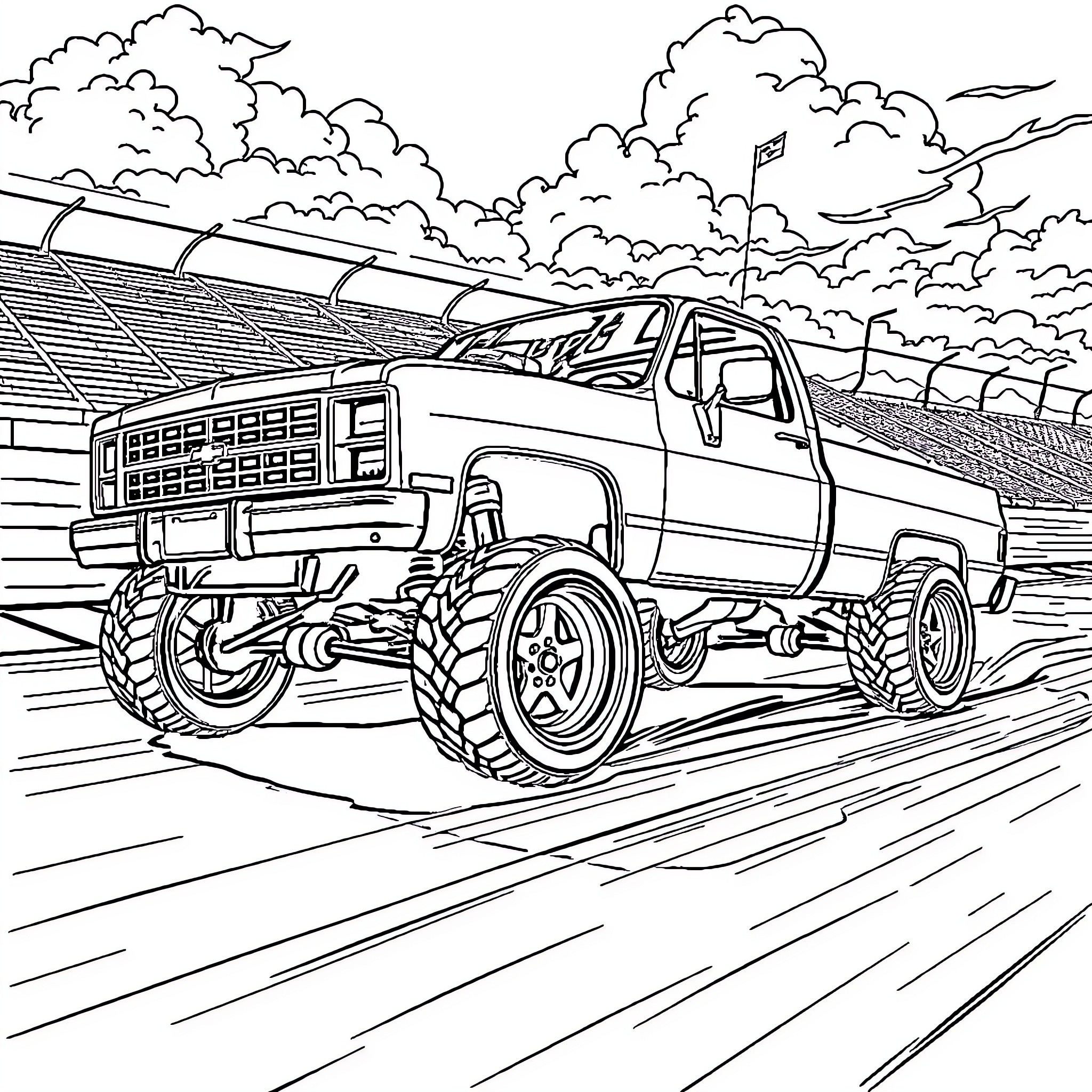 Chevy monster truck in action on off-road terrain Coloring Page (free black-and-white line drawing printable PDF for all, from beginners to advanced learners, including children, teens, adults, and seniors)