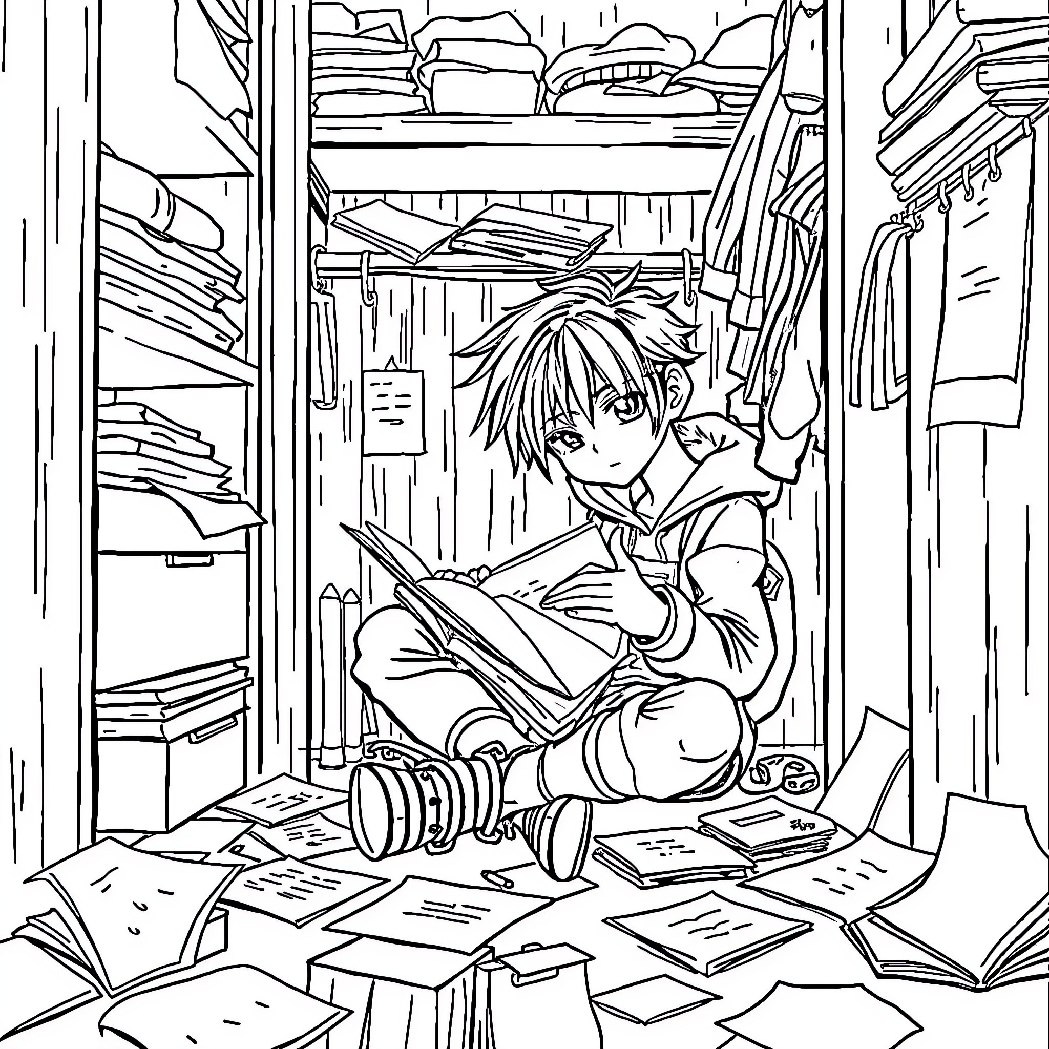 Kid reading intently in cluttered room Coloring Page (free black-and-white line drawing printable PDF for all, from beginners to advanced learners, including children, teens, adults, and seniors)