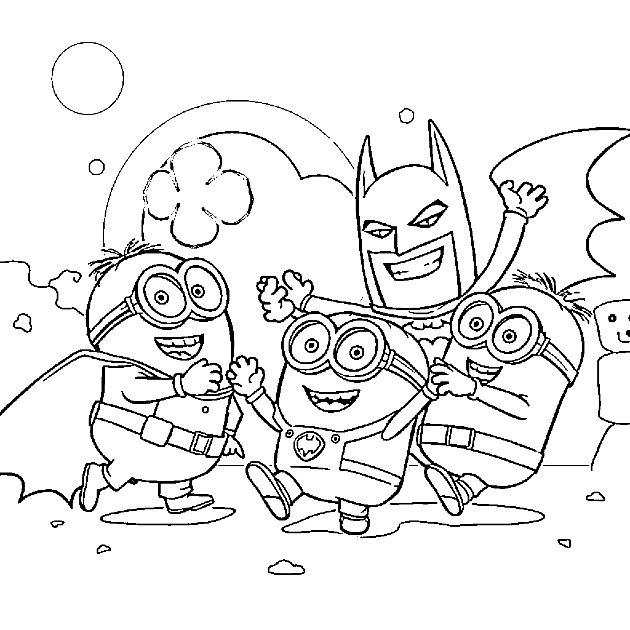 Minions playing with Batman in a whimsical scene Coloring Page (free black-and-white line drawing printable PDF for all, from beginners to advanced learners, including children, teens, adults, and seniors)