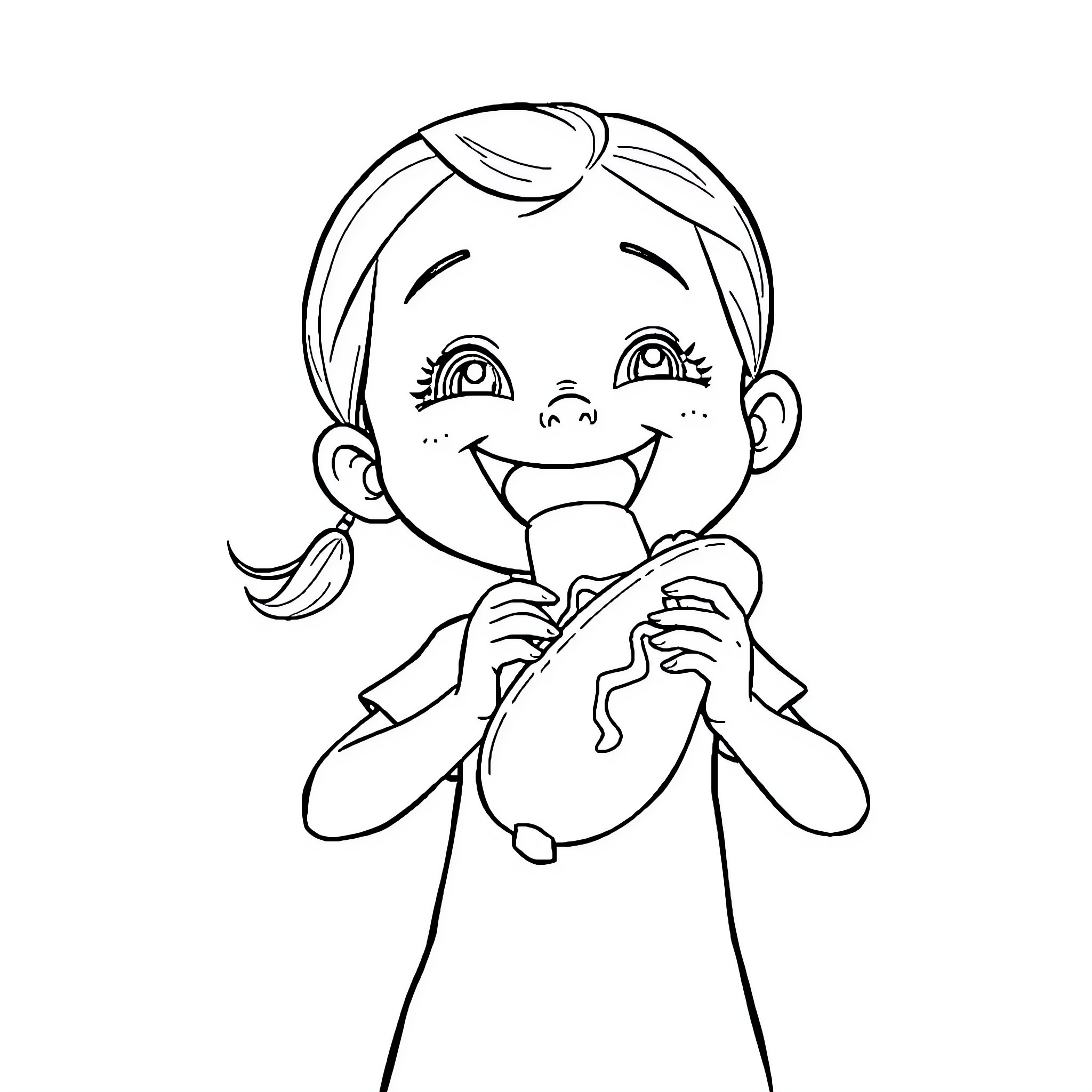 Girl happily eating a popsicle Coloring Page (free black-and-white line drawing printable PDF for all, from beginners to advanced learners, including children, teens, adults, and seniors)