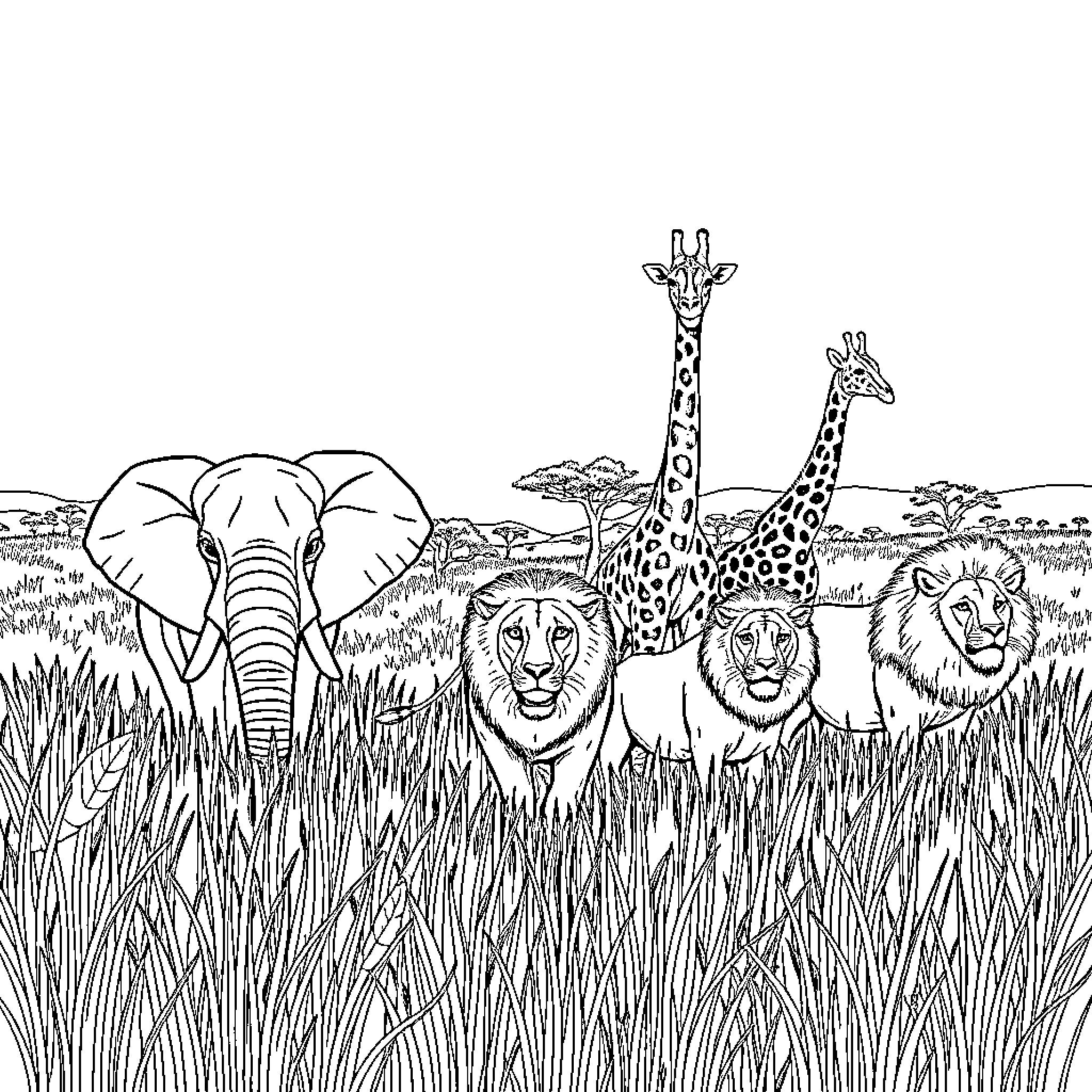 Animal gathering in the African safari Coloring Page (free black-and-white line drawing printable PDF for all, from beginners to advanced learners, including children, teens, adults, and seniors)