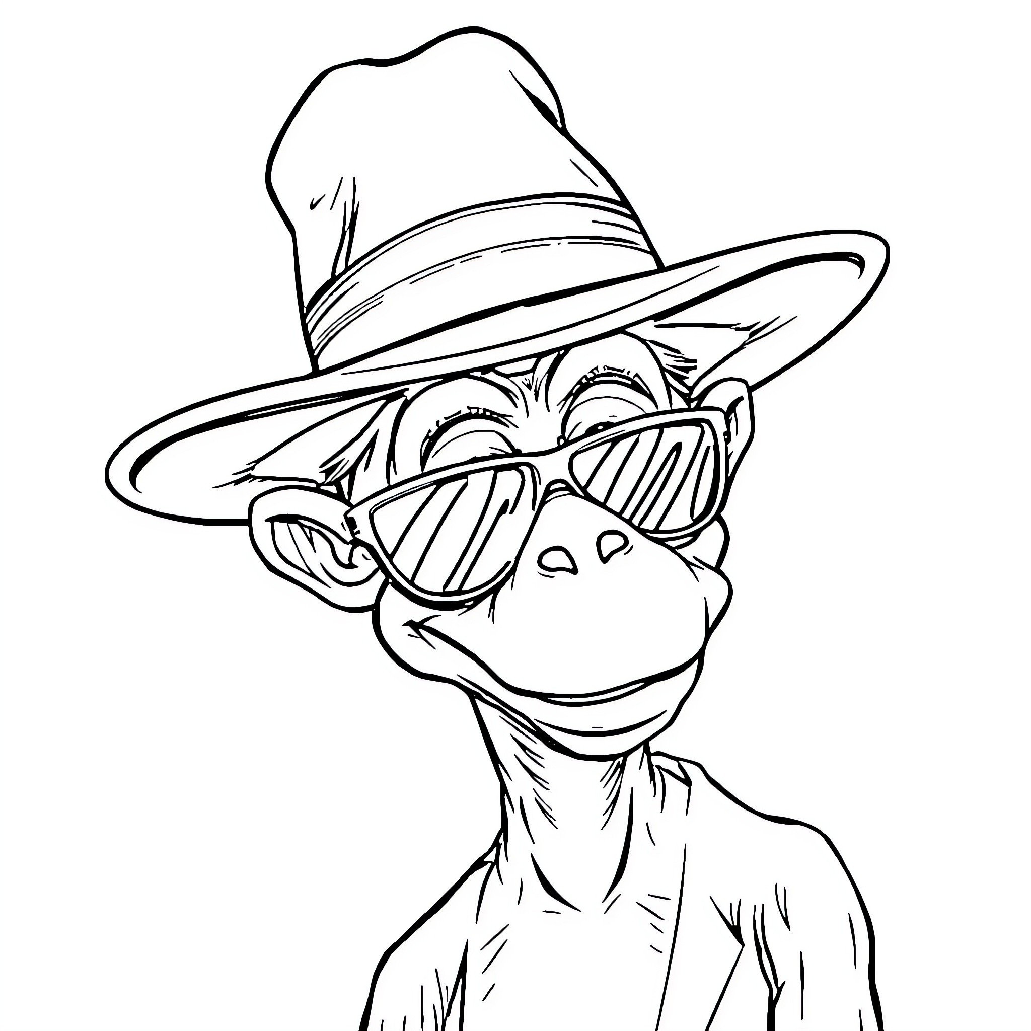 Alf wearing a hat and sunglasses with a happy expression Coloring Page (free black-and-white line drawing printable PDF for all, from beginners to advanced learners, including children, teens, adults, and seniors)