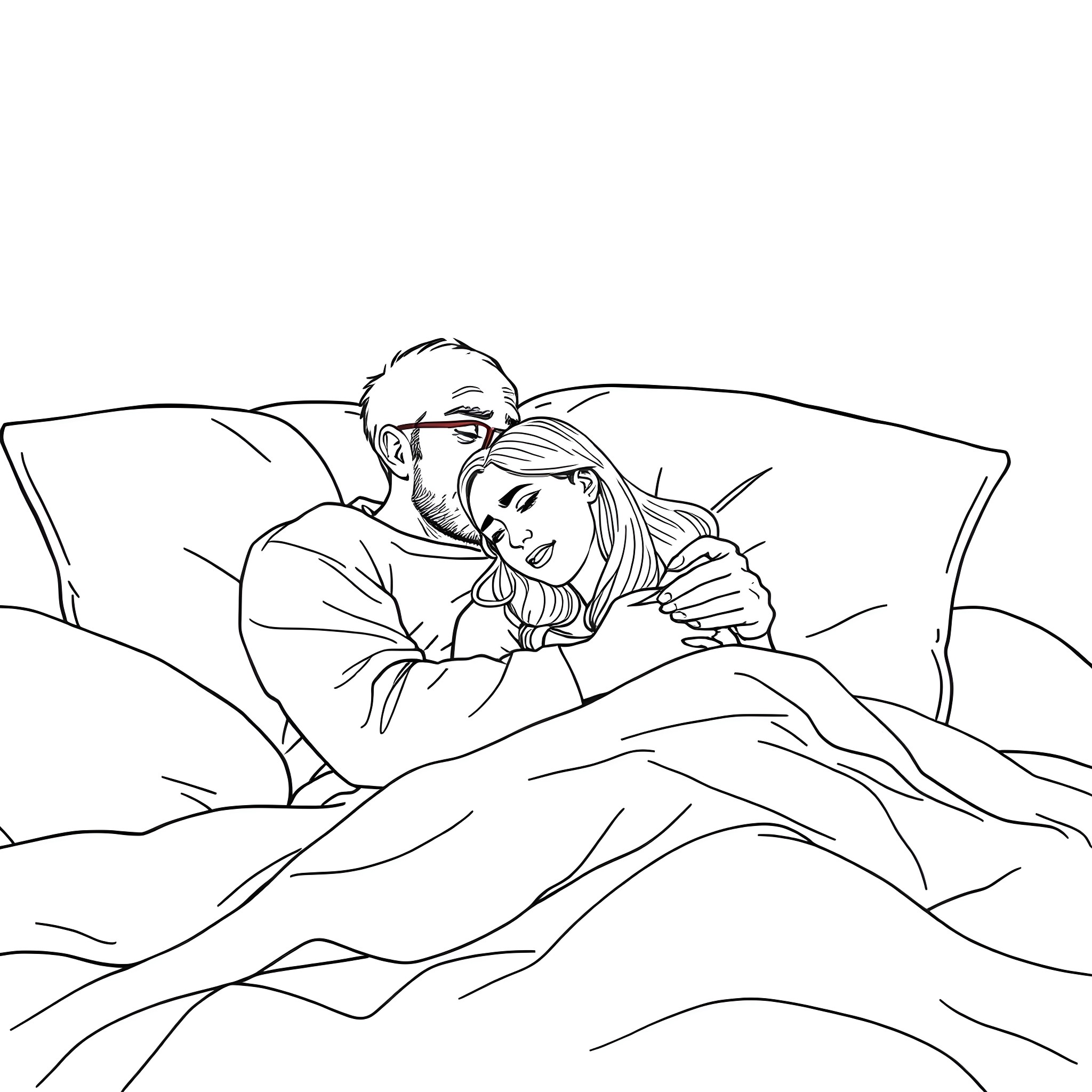 Man comforting woman in bed Coloring Page (free black-and-white line drawing printable PDF for all, from beginners to advanced learners, including children, teens, adults, and seniors)