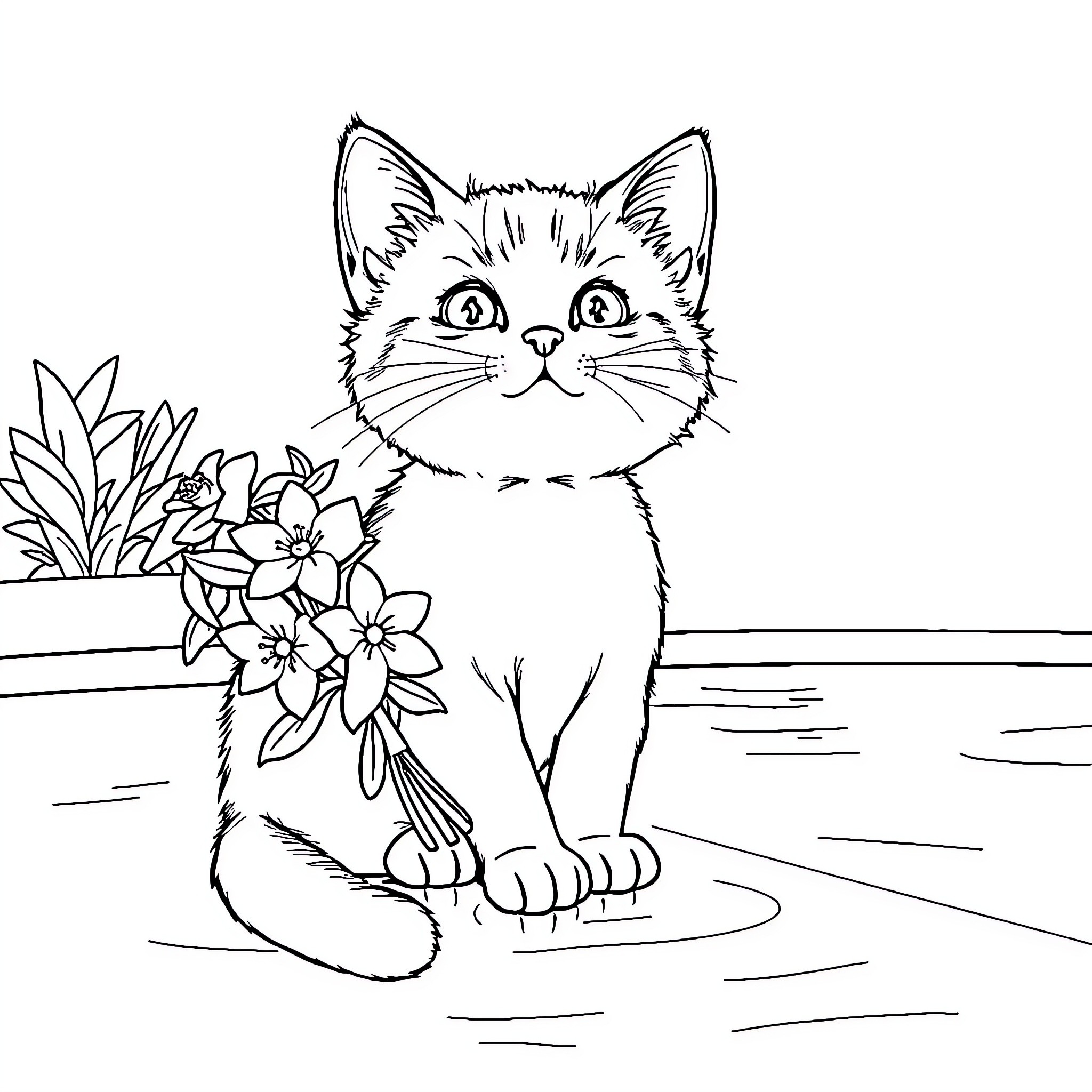 Cat with Flowers in Hand Coloring Page (free black-and-white line drawing printable PDF for all, from beginners to advanced learners, including children, teens, adults, and seniors)