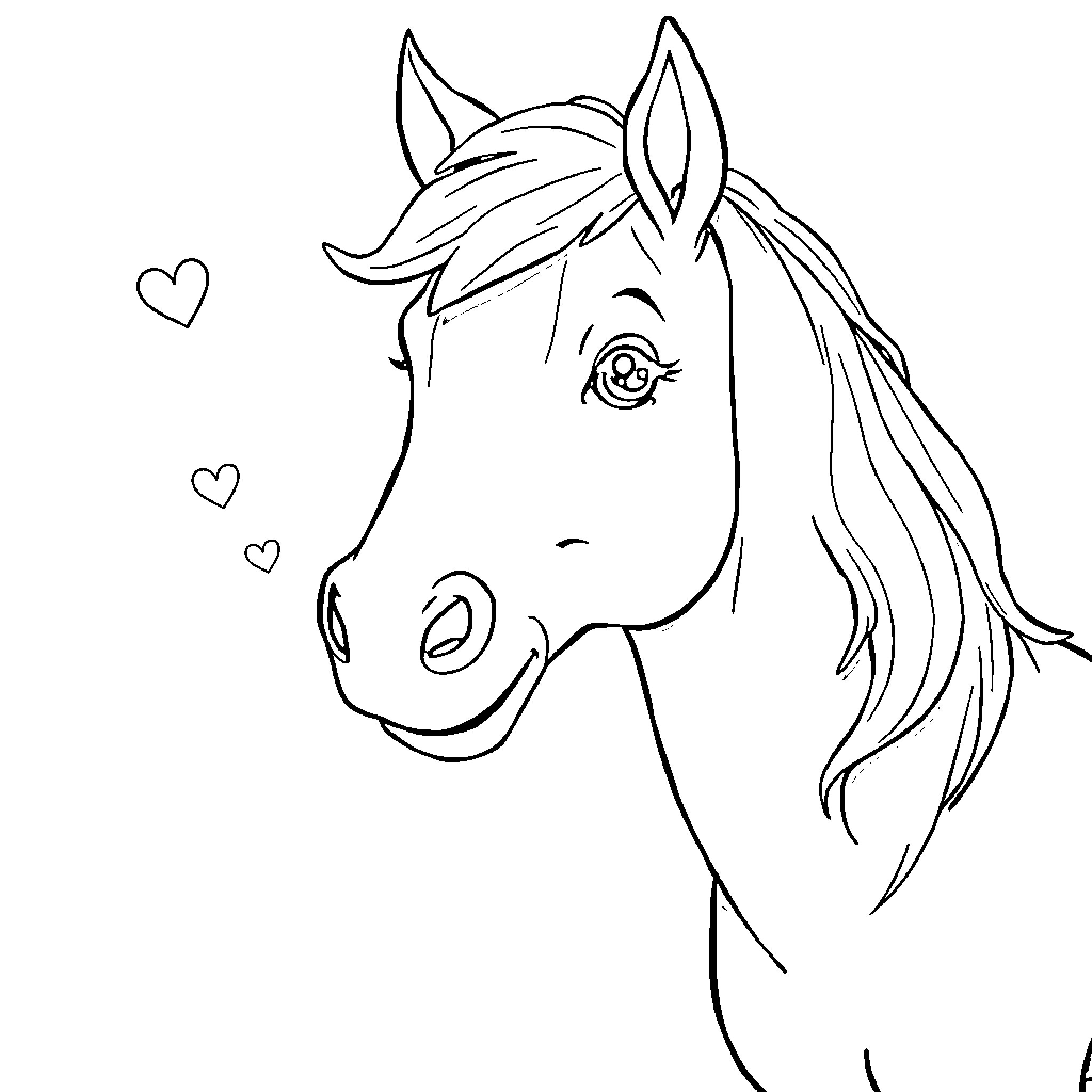 Horse with heart-shaped eyes and flowing mane Coloring Page (free black-and-white line drawing printable PDF for all, from beginners to advanced learners, including children, teens, adults, and seniors)