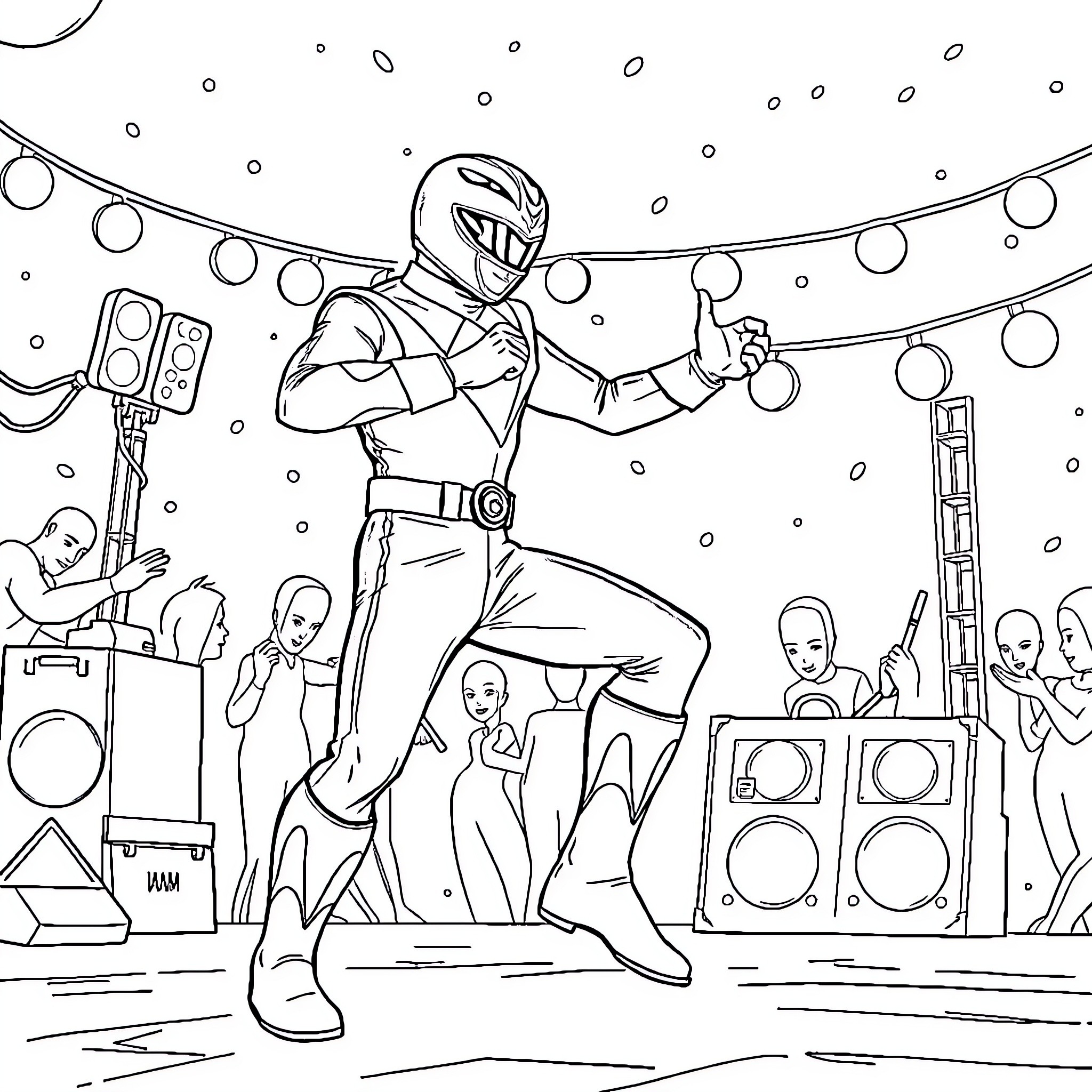 Power Ranger performing on stage with crowd Coloring Page (free black-and-white line drawing printable PDF for all, from beginners to advanced learners, including children, teens, adults, and seniors)