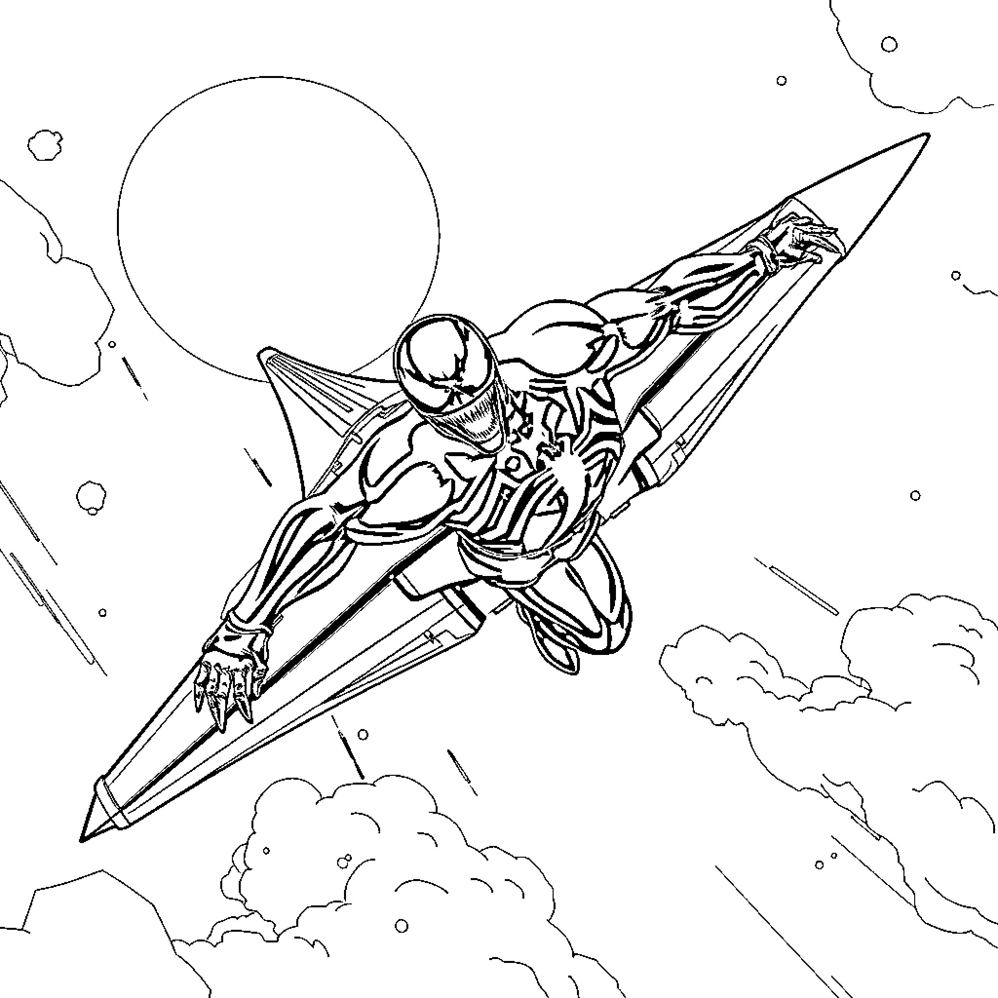 Venom Superhero Soaring Through the Cosmos Coloring Page (free black-and-white line drawing printable PDF for all, from beginners to advanced learners, including children, teens, adults, and seniors)