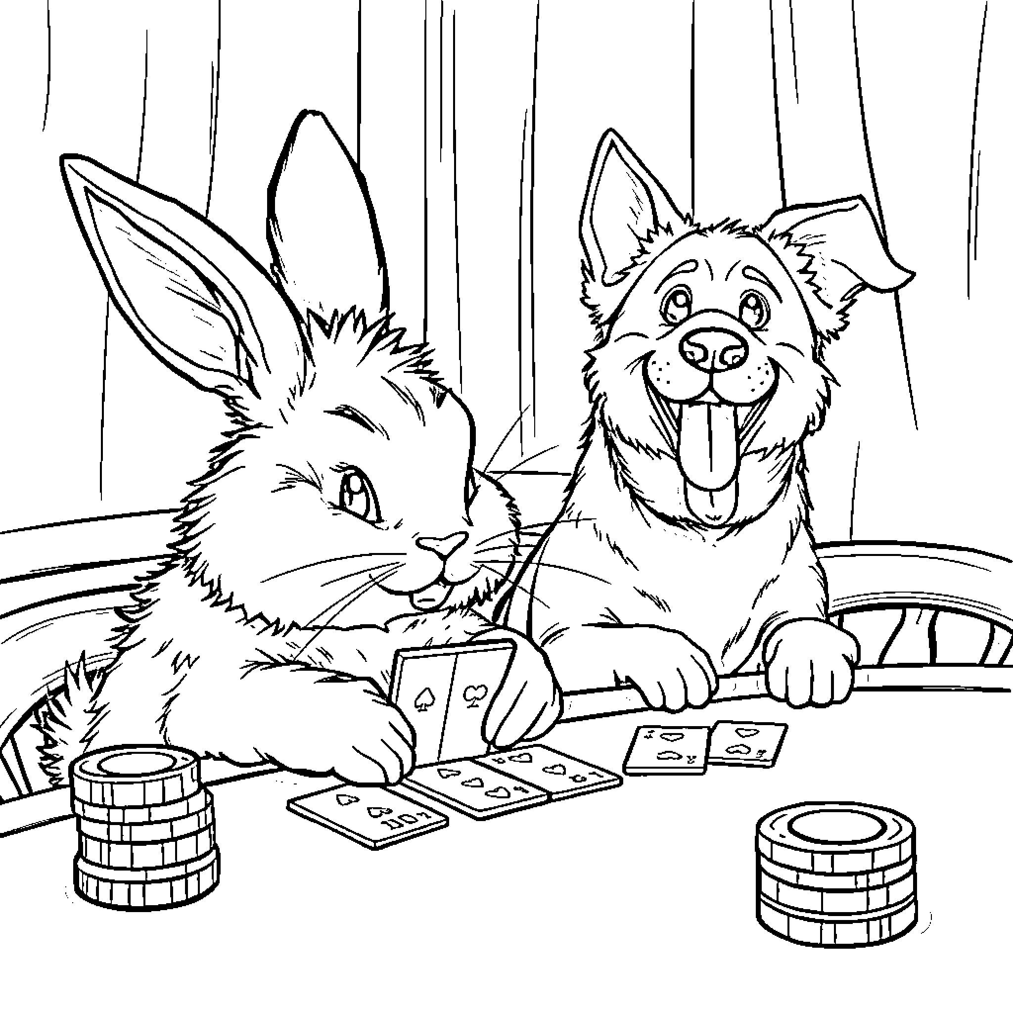 Bunny and Dog Playing Card Games Together Coloring Page (free black-and-white line drawing printable PDF for all, from beginners to advanced learners, including children, teens, adults, and seniors)