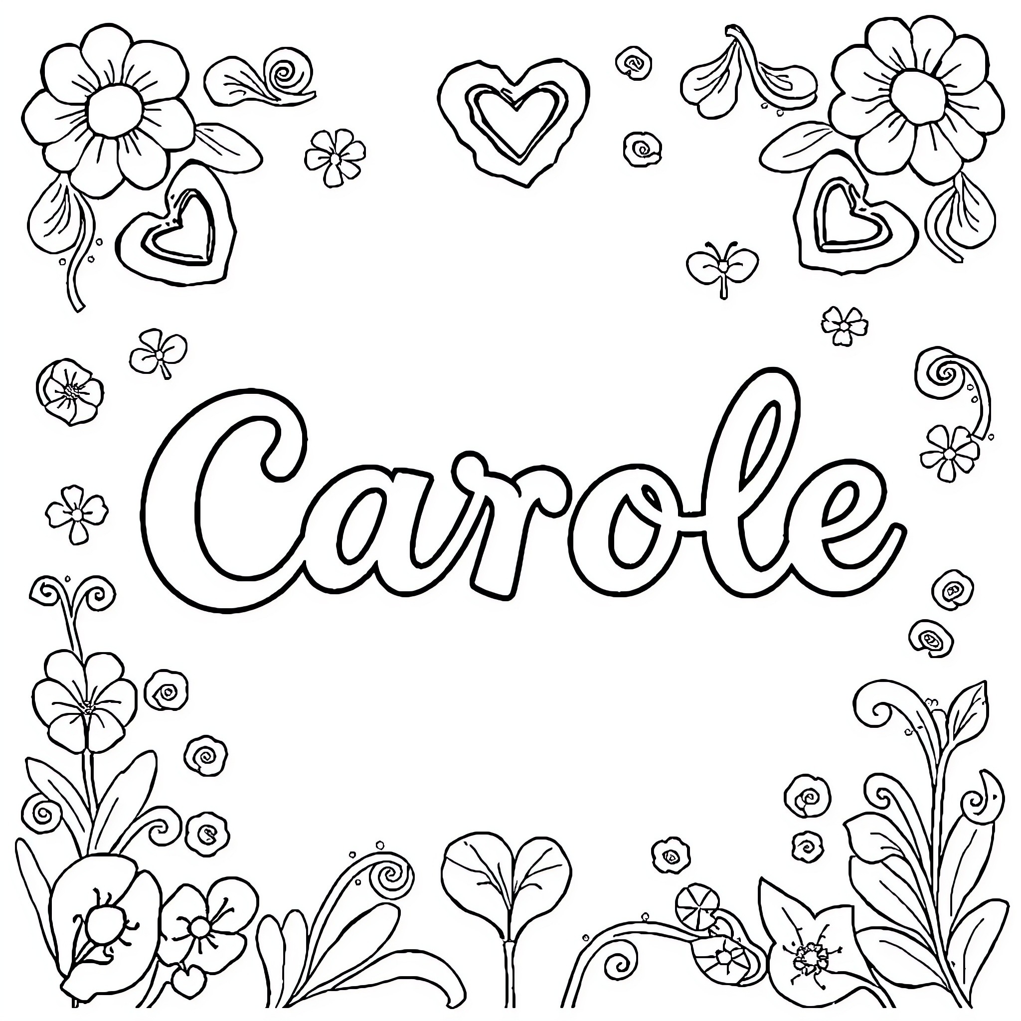 Carole's flowery frame with hearts and swirls Coloring Page (free black-and-white line drawing printable PDF for all, from beginners to advanced learners, including children, teens, adults, and seniors)