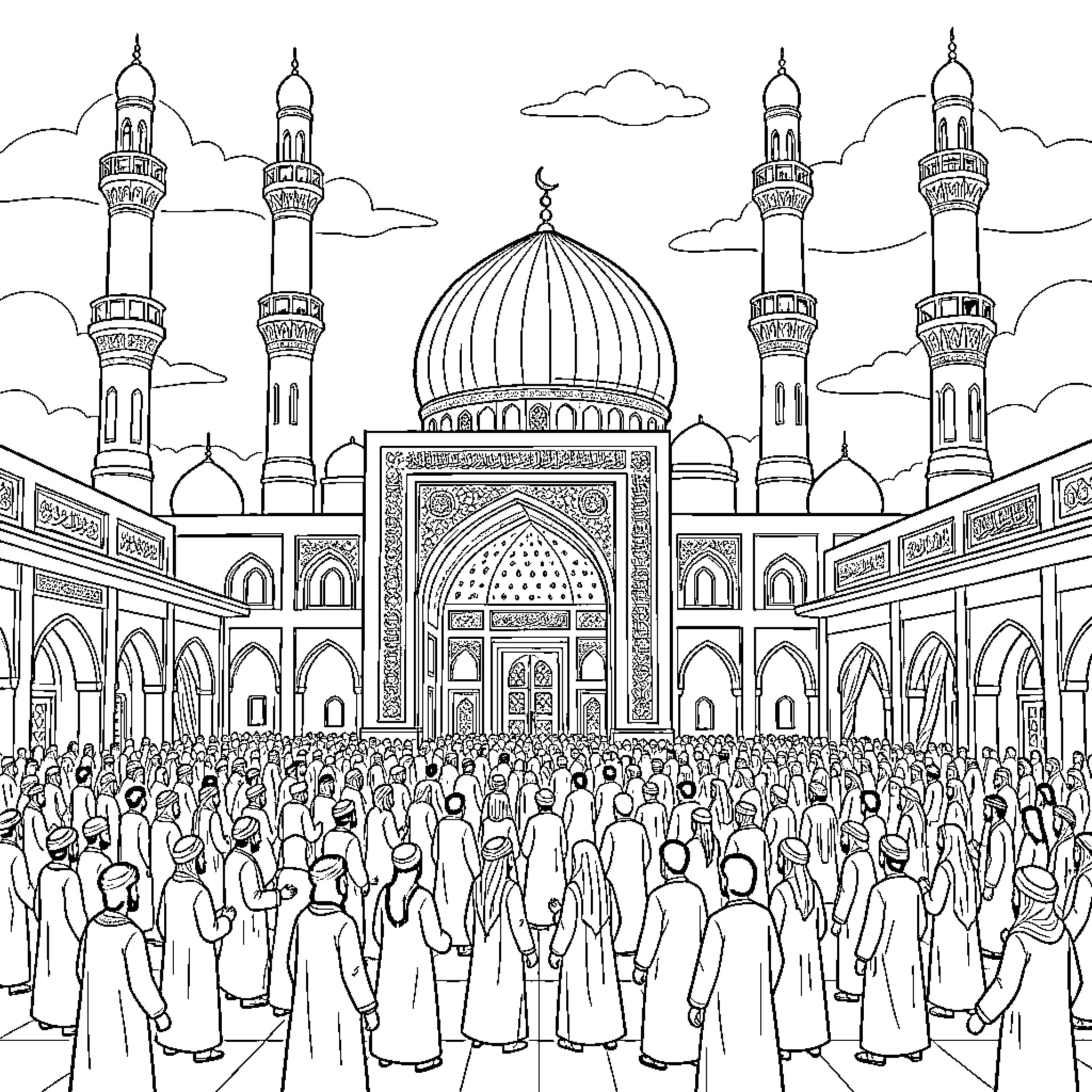 Shrine with a large crowd gathered in prayer Coloring Page (free black-and-white line drawing printable PDF for all, from beginners to advanced learners, including children, teens, adults, and seniors)