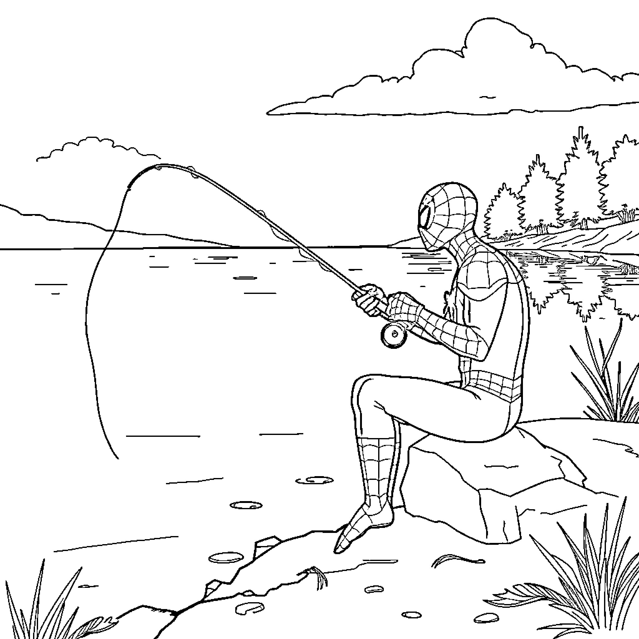 Spiderman fishing at the lake Coloring Page (free black-and-white line drawing printable PDF for all, from beginners to advanced learners, including children, teens, adults, and seniors)