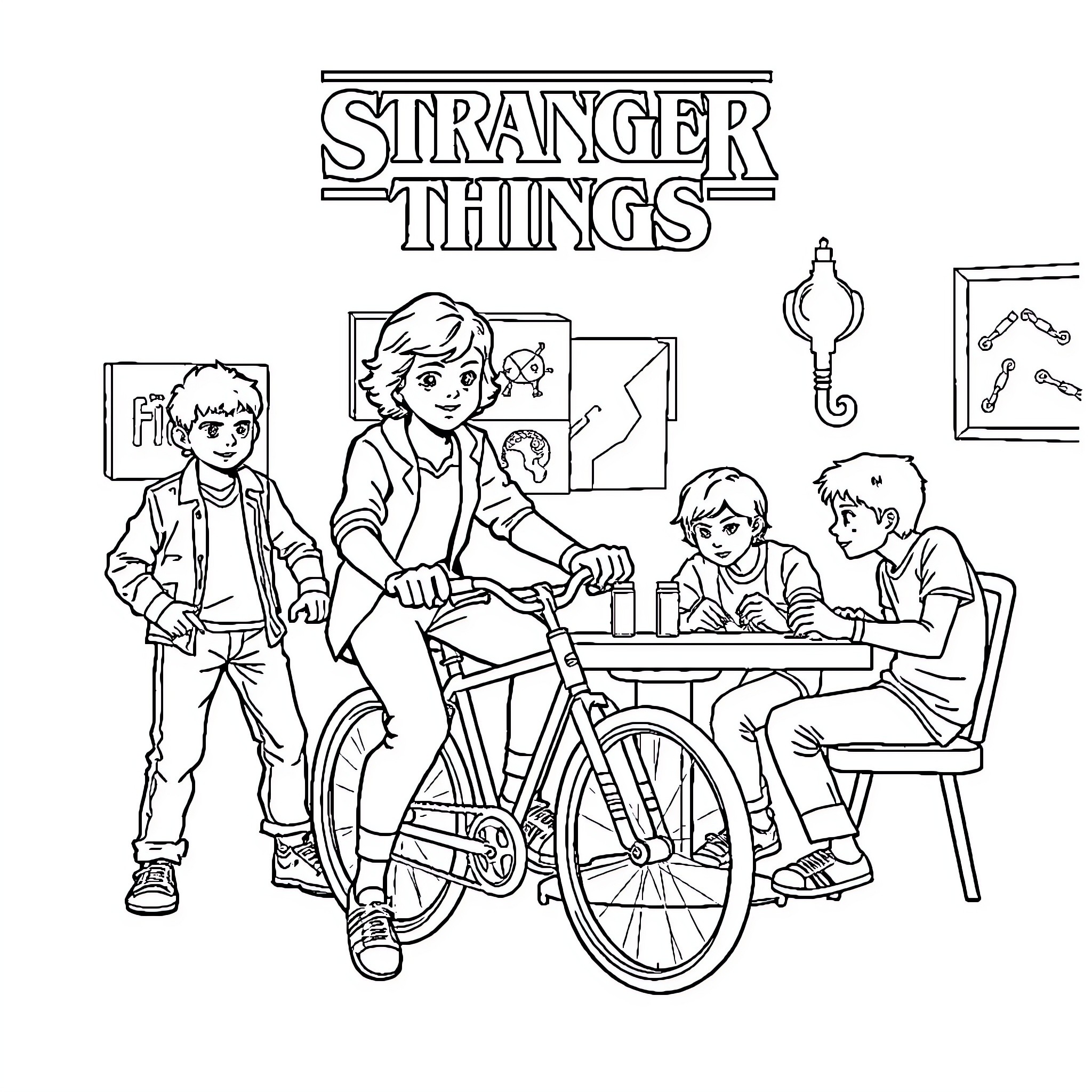 Stranger Things: Friends Exploring and Adventuring Coloring Page (free black-and-white line drawing printable PDF for all, from beginners to advanced learners, including children, teens, adults, and seniors)