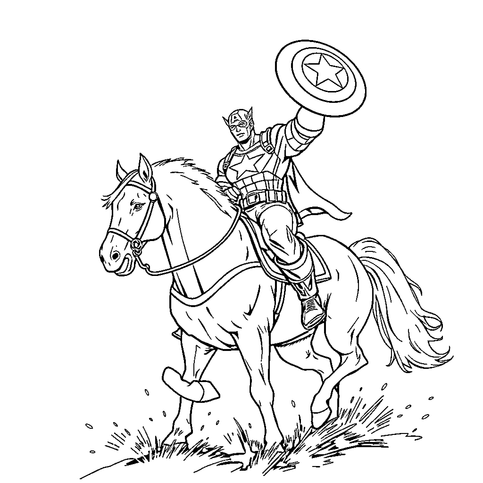 Captain America on horseback in action pose Coloring Page (free black-and-white line drawing printable PDF for all, from beginners to advanced learners, including children, teens, adults, and seniors)