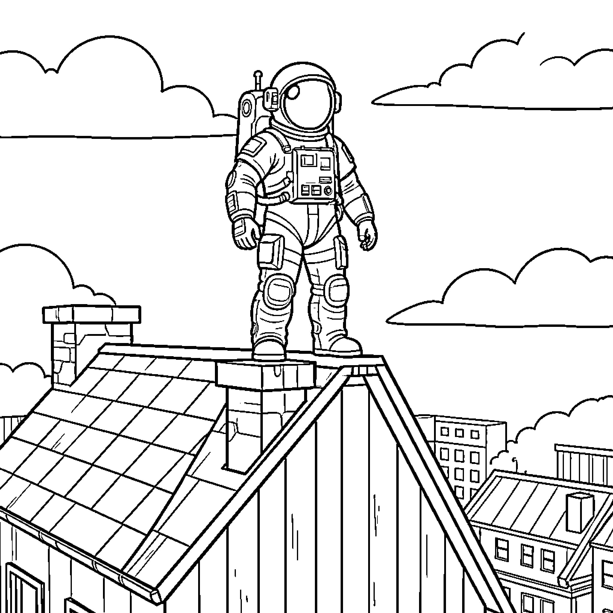 Astronaut standing on top of a building Coloring Page (free black-and-white line drawing printable PDF for all, from beginners to advanced learners, including children, teens, adults, and seniors)