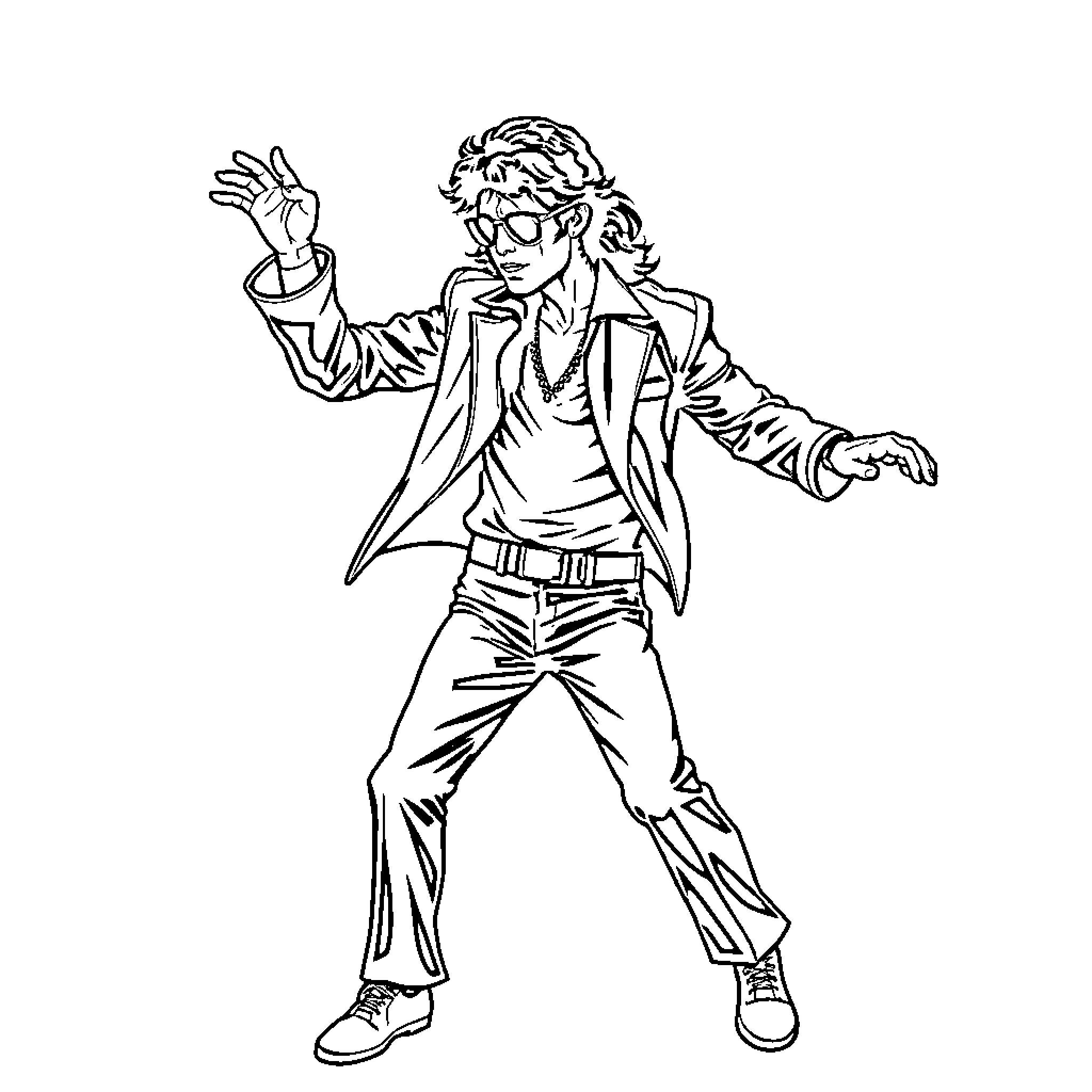Michael Jackson Performing on Stage with Energetic Moves Coloring Page (free black-and-white line drawing printable PDF for all, from beginners to advanced learners, including children, teens, adults, and seniors)