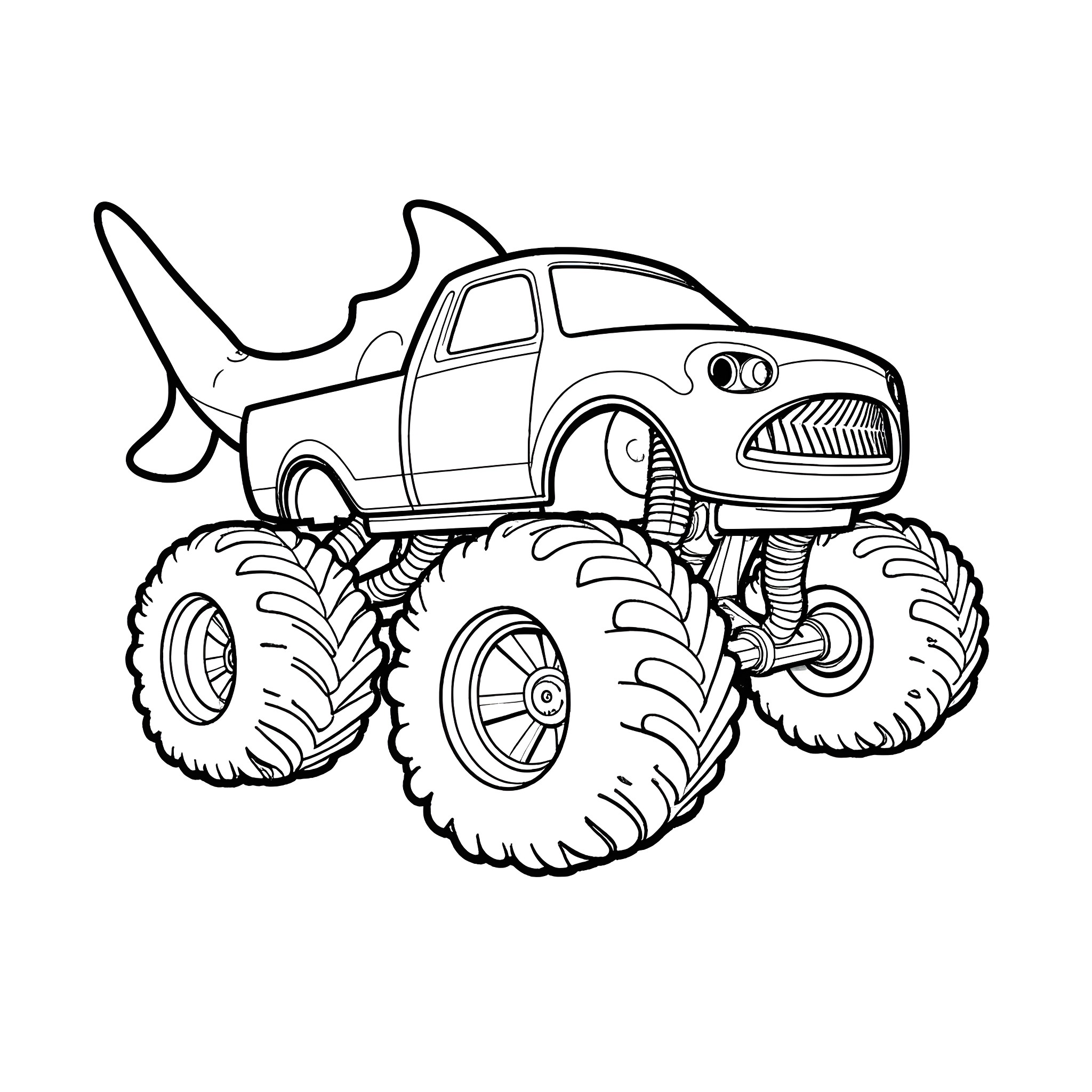 Megalodon monster truck crushing terrain Coloring Page (free black-and-white line drawing printable PDF for all, from beginners to advanced learners, including children, teens, adults, and seniors)