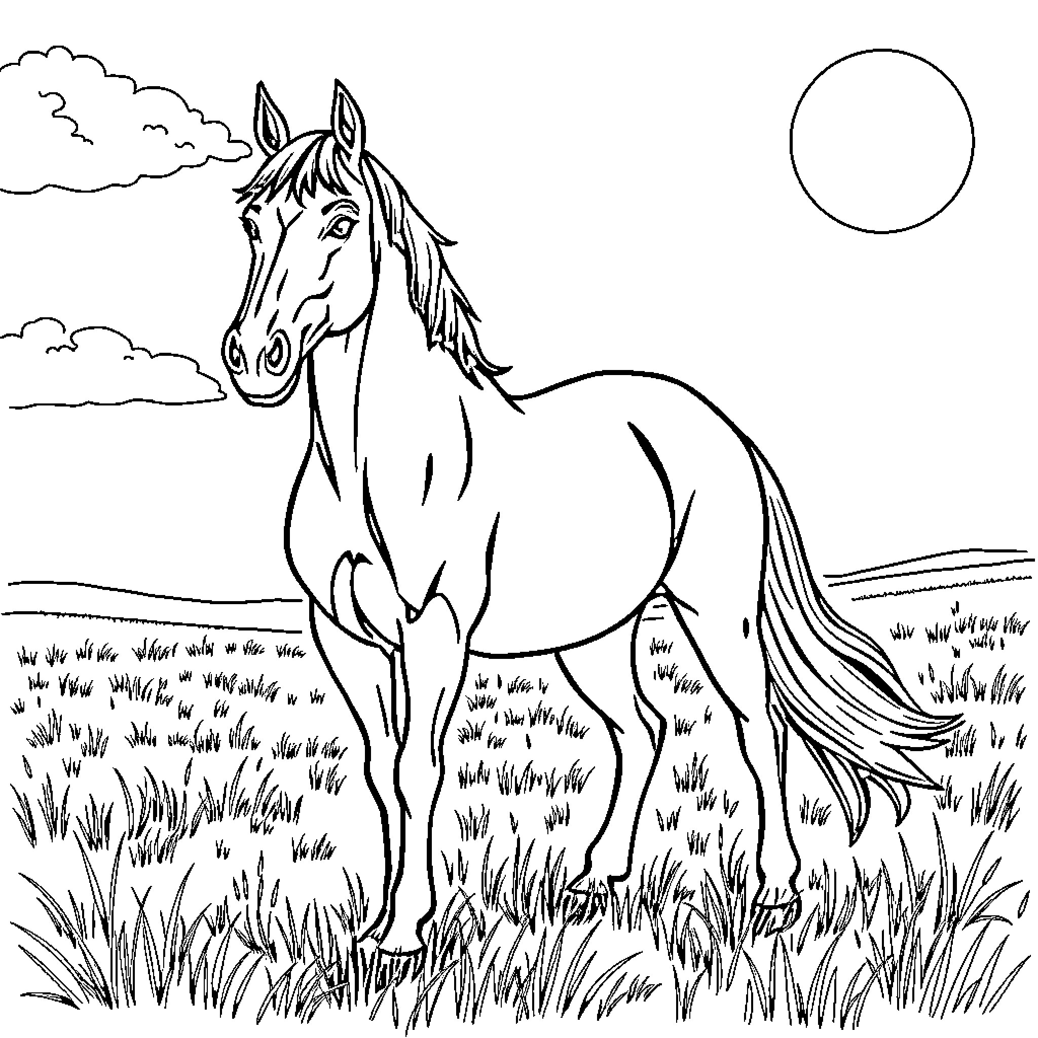 Horse standing in the moonlight field Coloring Page (free black-and-white line drawing printable PDF for all, from beginners to advanced learners, including children, teens, adults, and seniors)