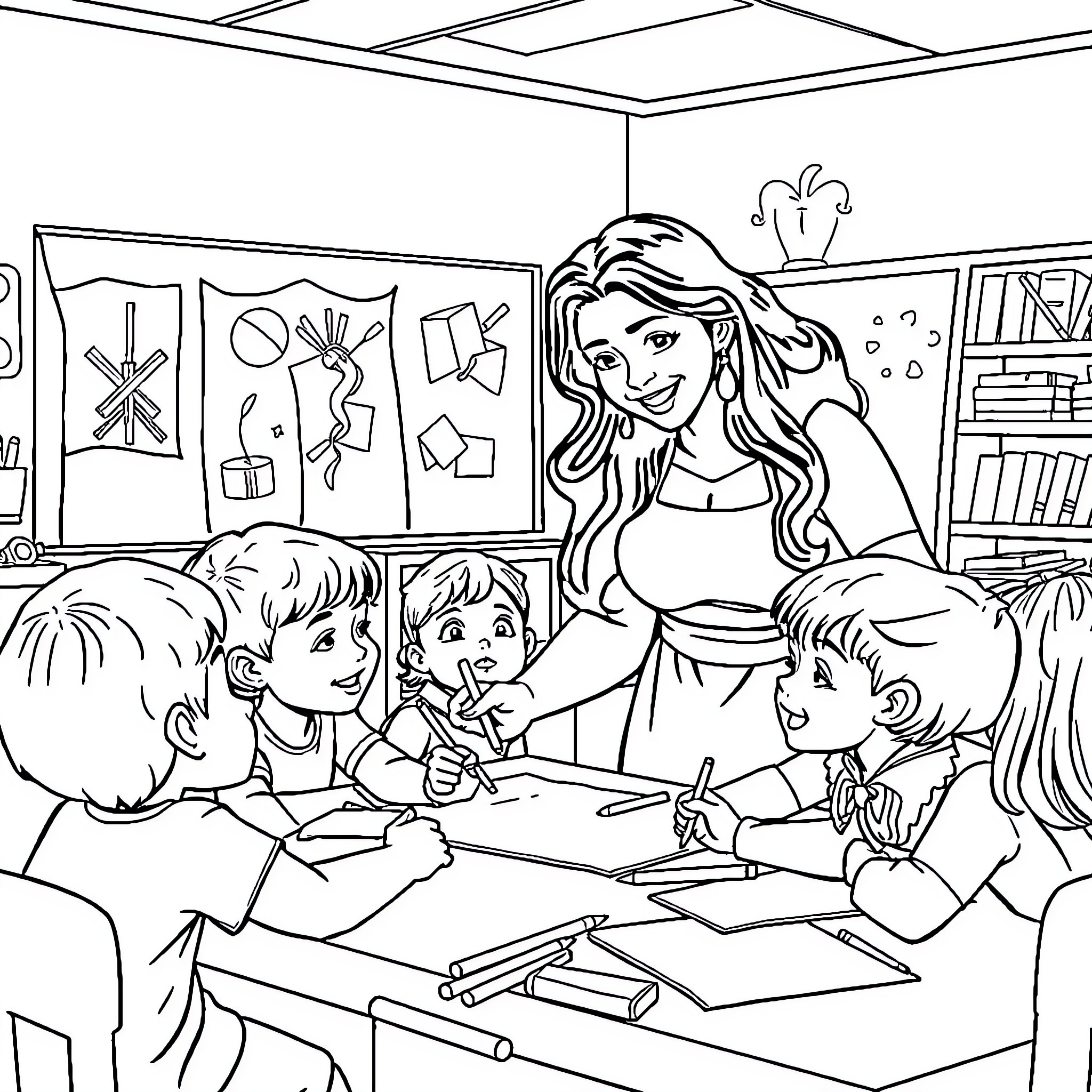 Teacher guiding students in a classroom setting Coloring Page (free black-and-white line drawing printable PDF for all, from beginners to advanced learners, including children, teens, adults, and seniors)