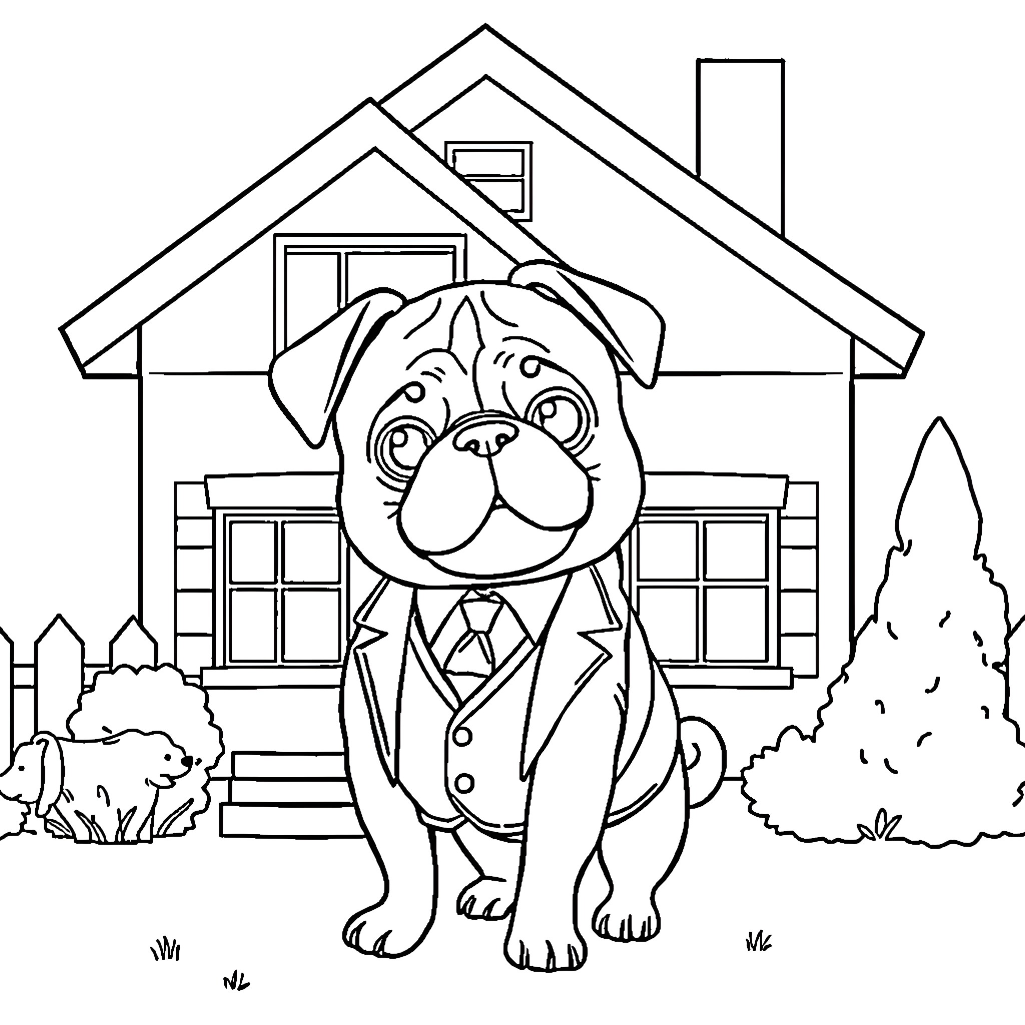 Pug dressed in a suit sitting outside a house Coloring Page (free black-and-white line drawing printable PDF for all, from beginners to advanced learners, including children, teens, adults, and seniors)