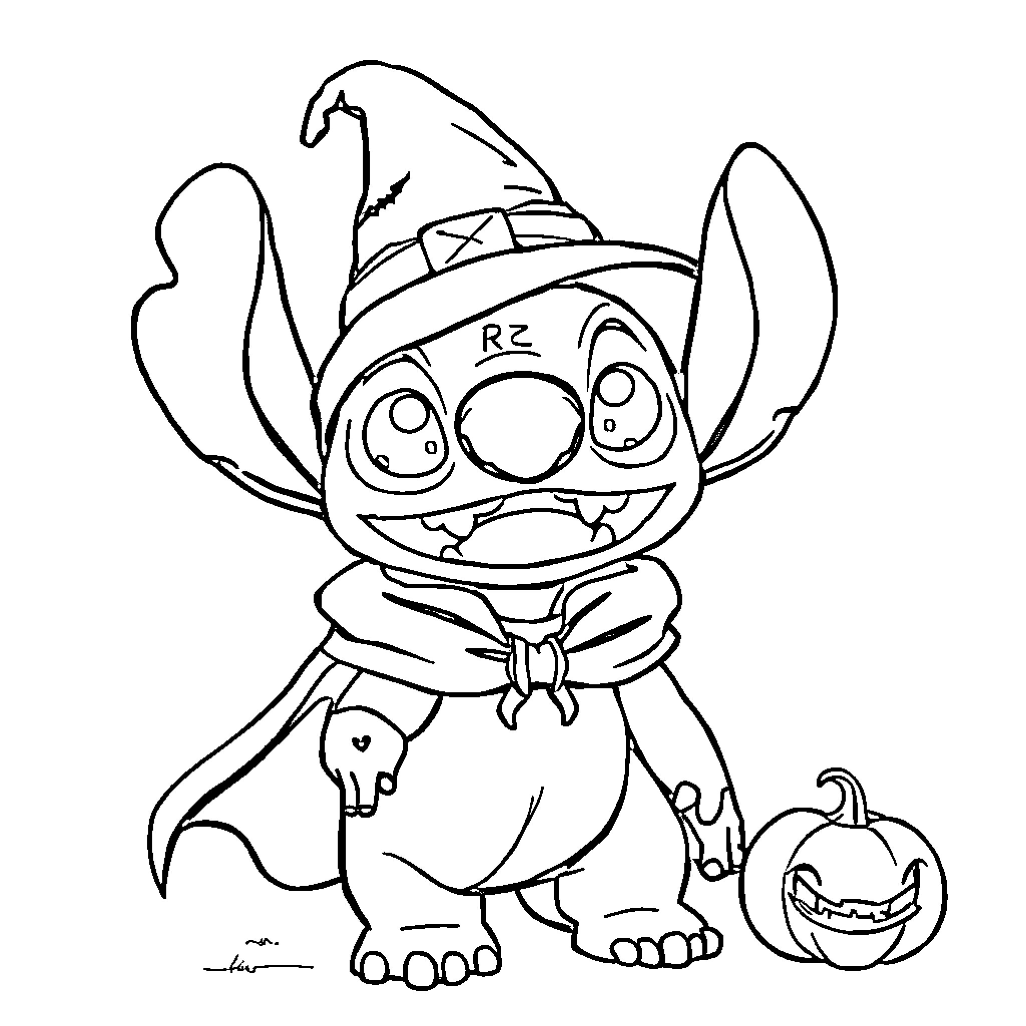 Stitch wearing a witch hat and holding a pumpkin Coloring Page (free black-and-white line drawing printable PDF for all, from beginners to advanced learners, including children, teens, adults, and seniors)