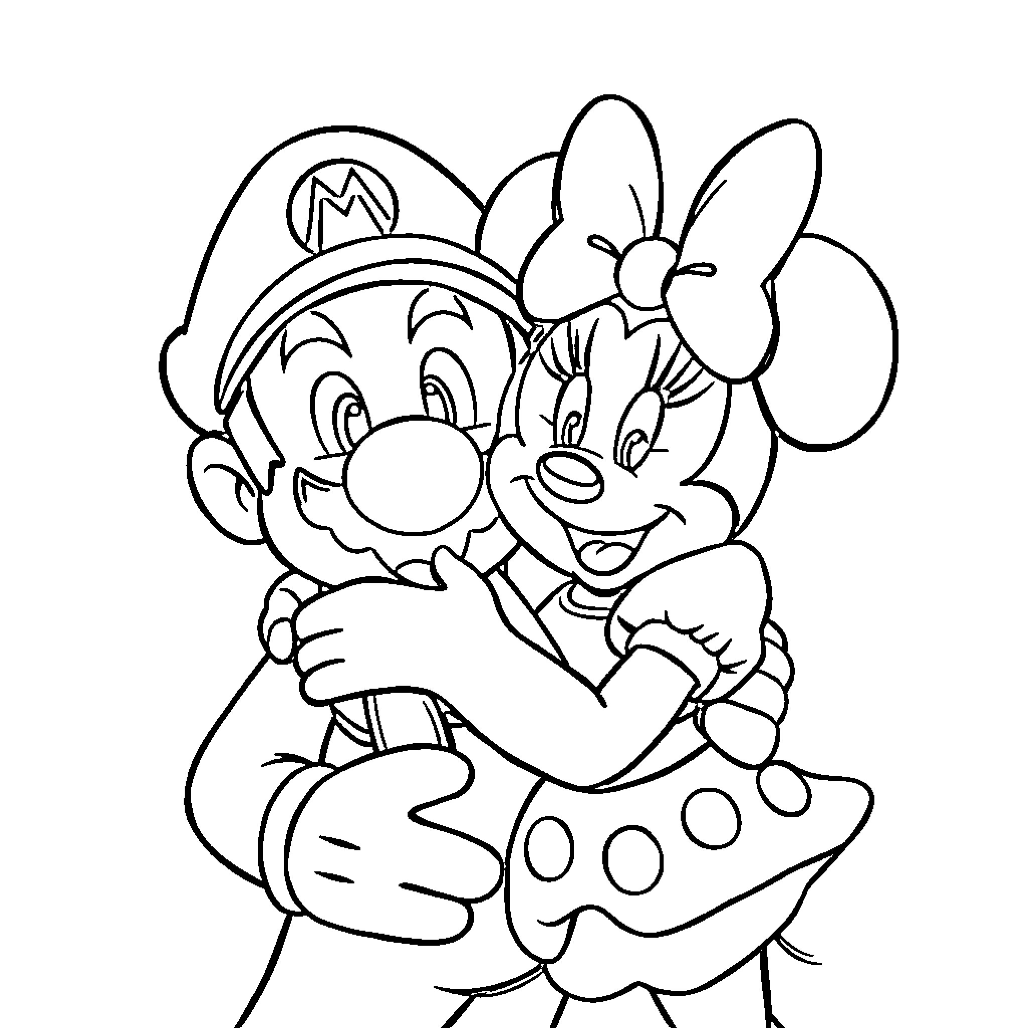 Mario and Minnie in a Playful Embrace Coloring Page (free black-and-white line drawing printable PDF for all, from beginners to advanced learners, including children, teens, adults, and seniors)