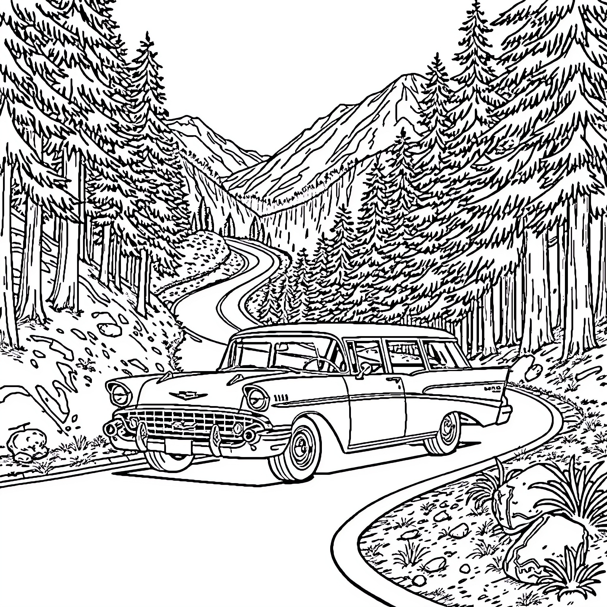 Chevy wagon navigating winding mountain road Coloring Page (free black-and-white line drawing printable PDF for all, from beginners to advanced learners, including children, teens, adults, and seniors)