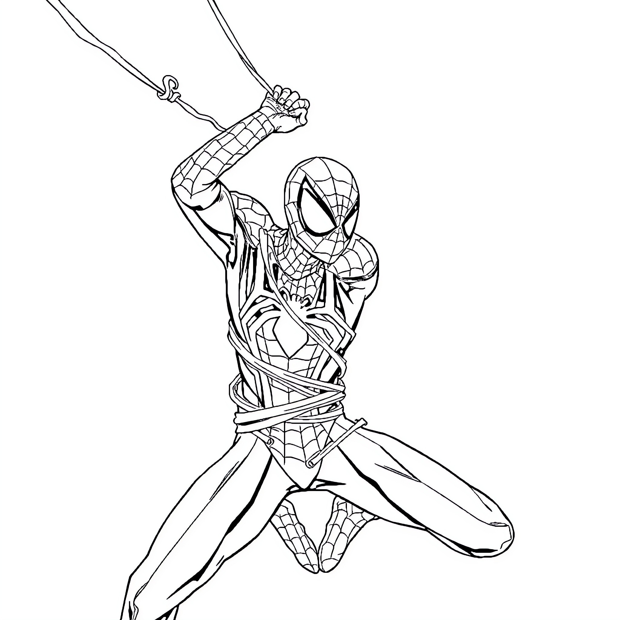 Spider-Man swinging into action Coloring Page (free black-and-white line drawing printable PDF for all, from beginners to advanced learners, including children, teens, adults, and seniors)