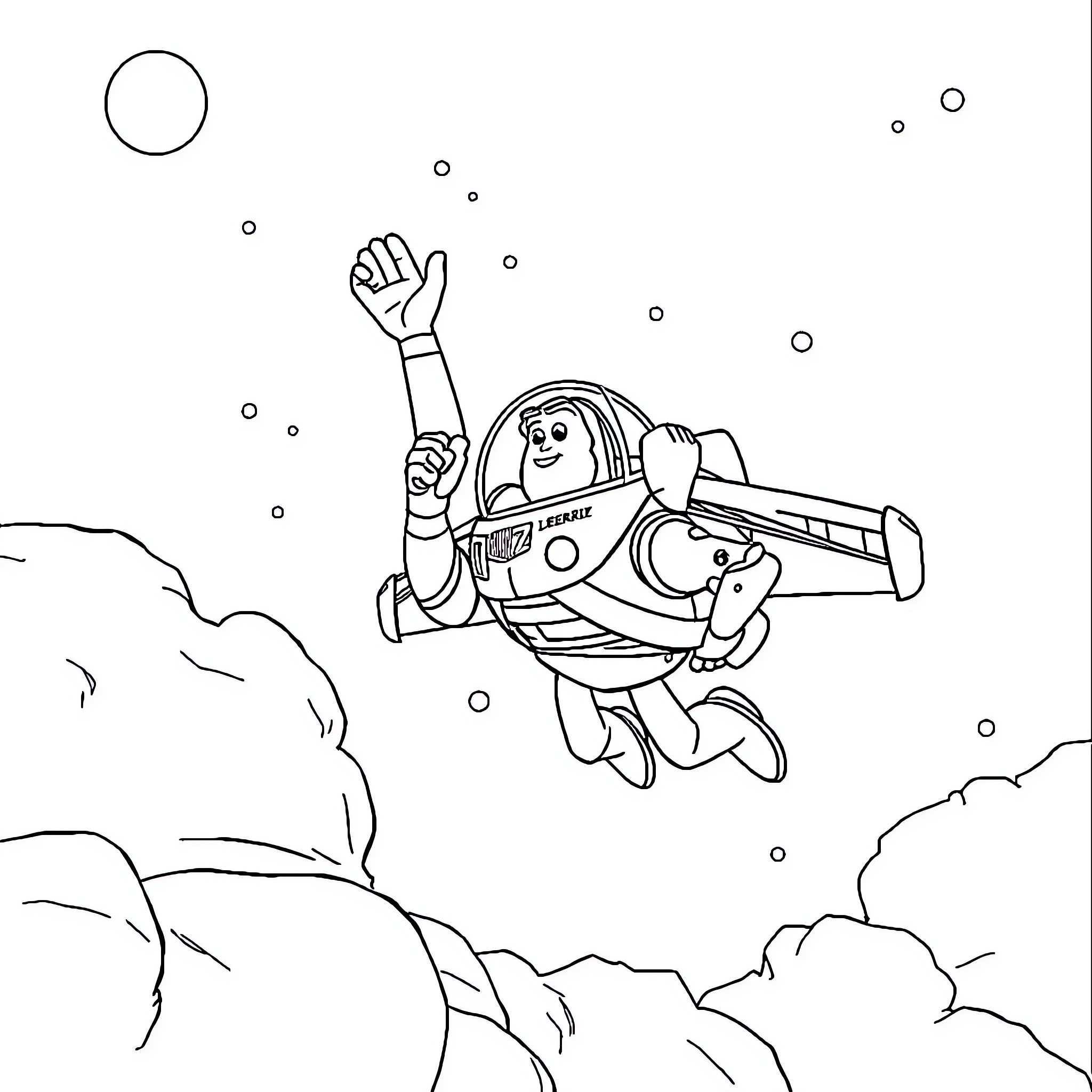 Buzz Lightyear flying through space adventure Coloring Page (free black-and-white line drawing printable PDF for all, from beginners to advanced learners, including children, teens, adults, and seniors)