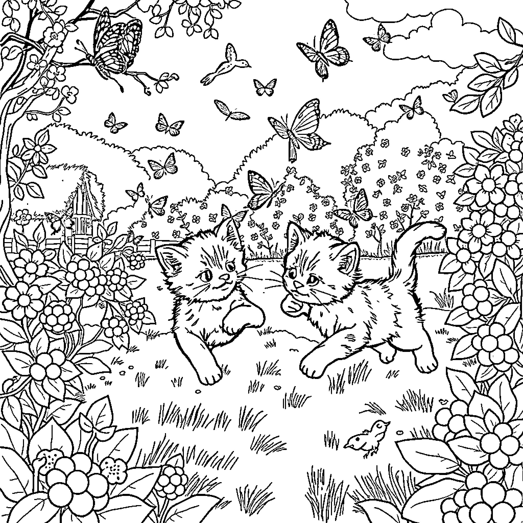 Kitten playing with butterflies in a flower garden Coloring Page (free black-and-white line drawing printable PDF for all, from beginners to advanced learners, including children, teens, adults, and seniors)