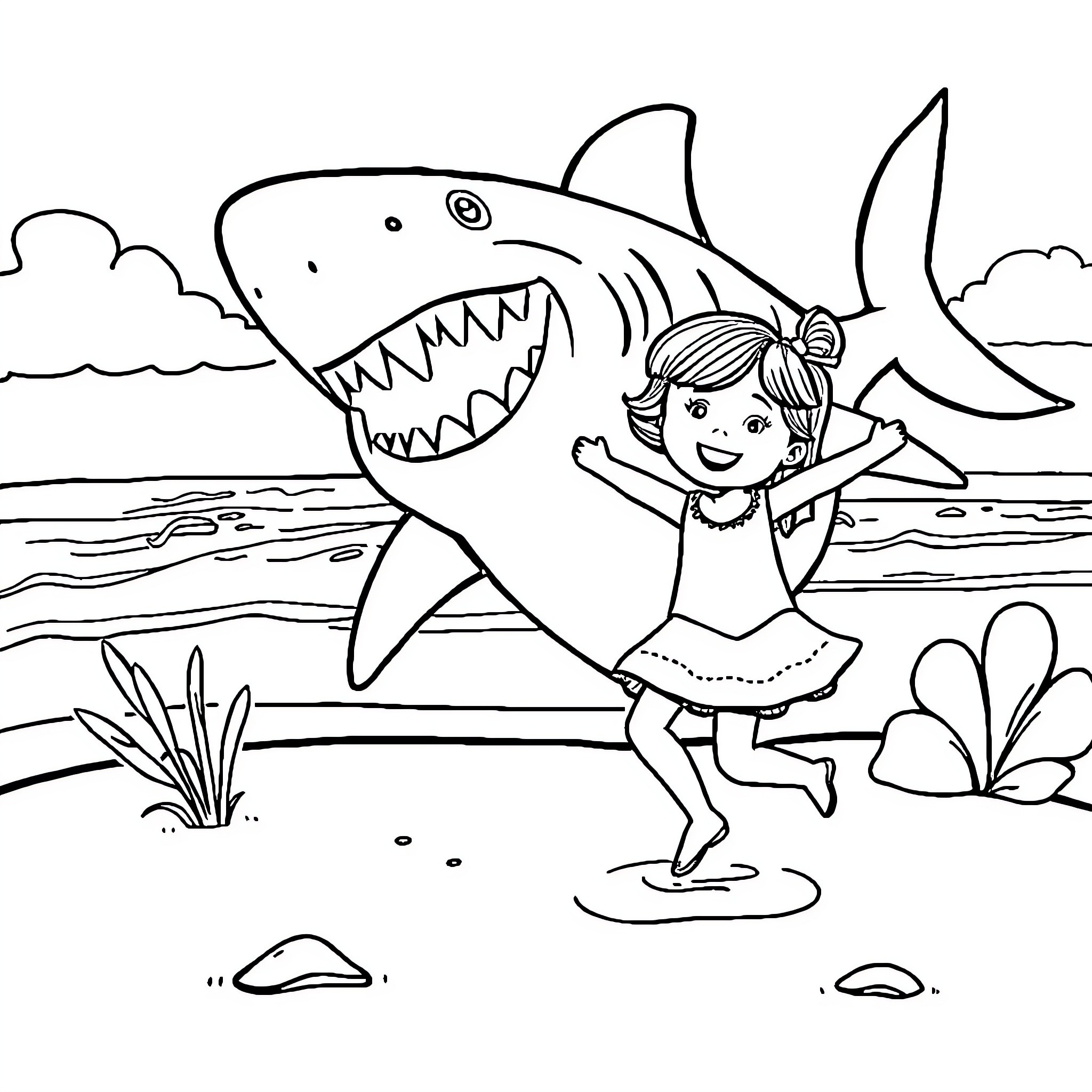 Shark chasing a happy girl near the beach Coloring Page (free black-and-white line drawing printable PDF for all, from beginners to advanced learners, including children, teens, adults, and seniors)
