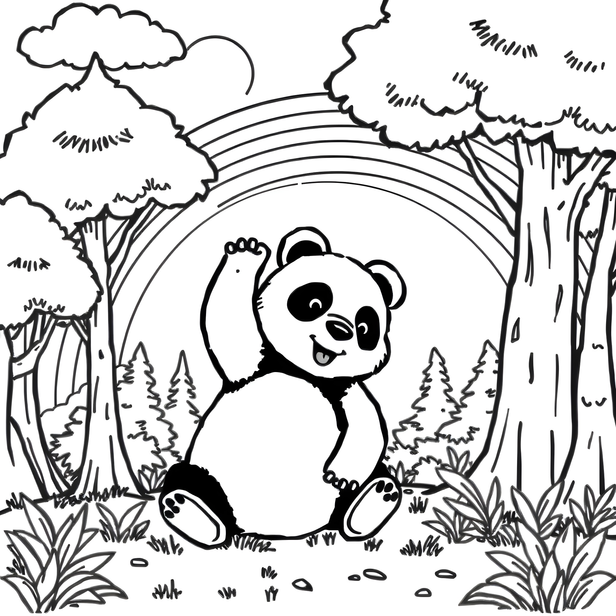 Panda playing happily in the forest Coloring Page (free black-and-white line drawing printable PDF for all, from beginners to advanced learners, including children, teens, adults, and seniors)