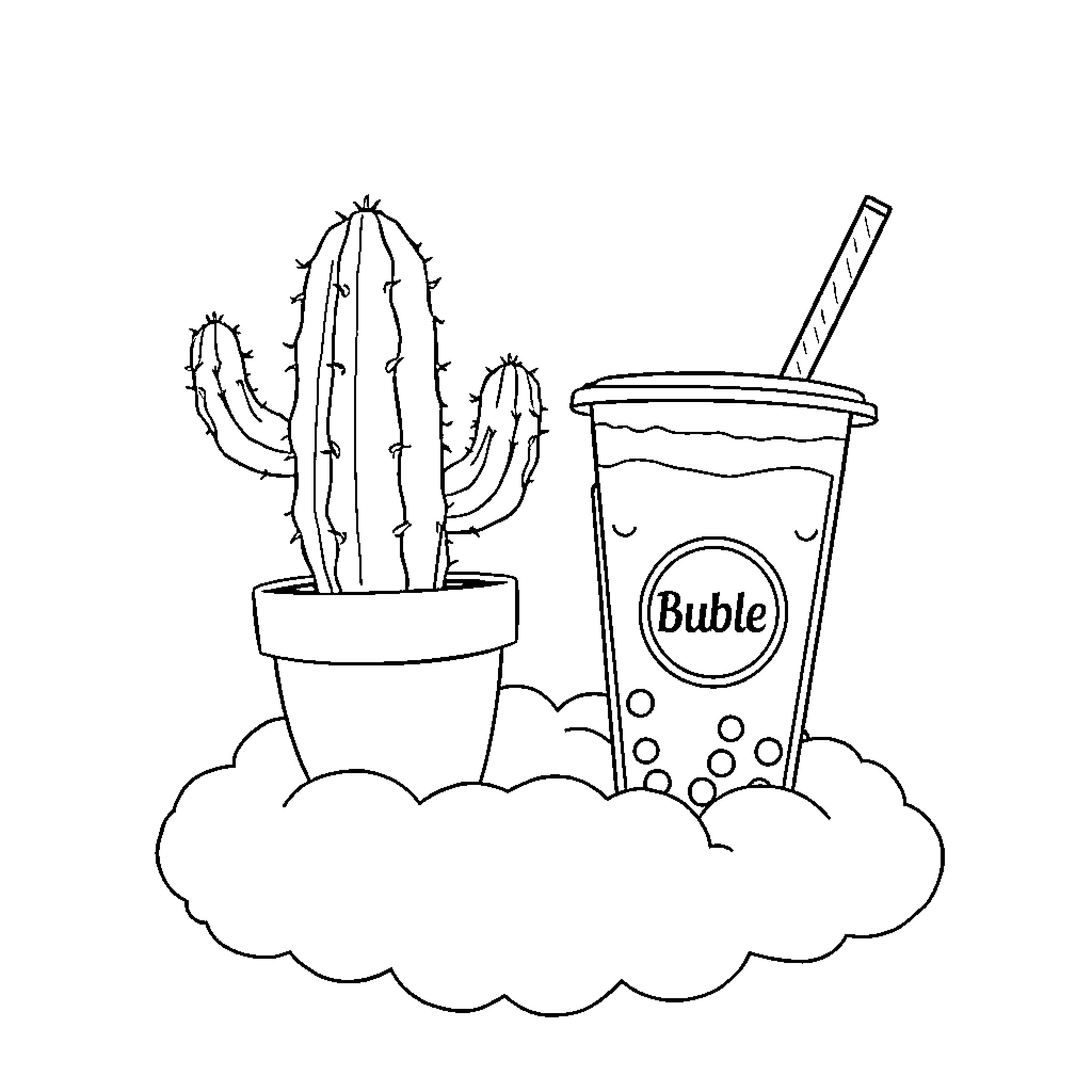 Cactus in the clouds with a refreshing drink Coloring Page (free black-and-white line drawing printable PDF for all, from beginners to advanced learners, including children, teens, adults, and seniors)
