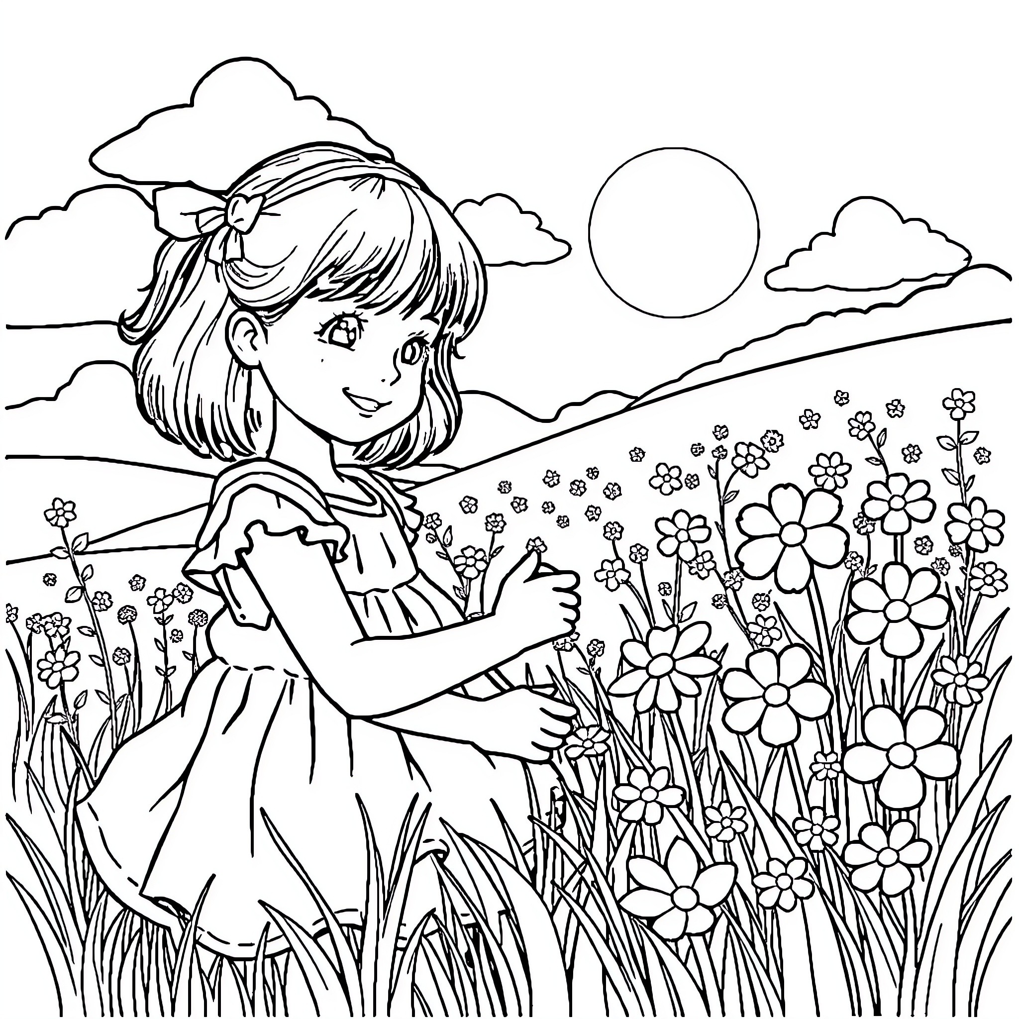 Girl exploring a floral meadow on a sunny day Coloring Page (free black-and-white line drawing printable PDF for all, from beginners to advanced learners, including children, teens, adults, and seniors)