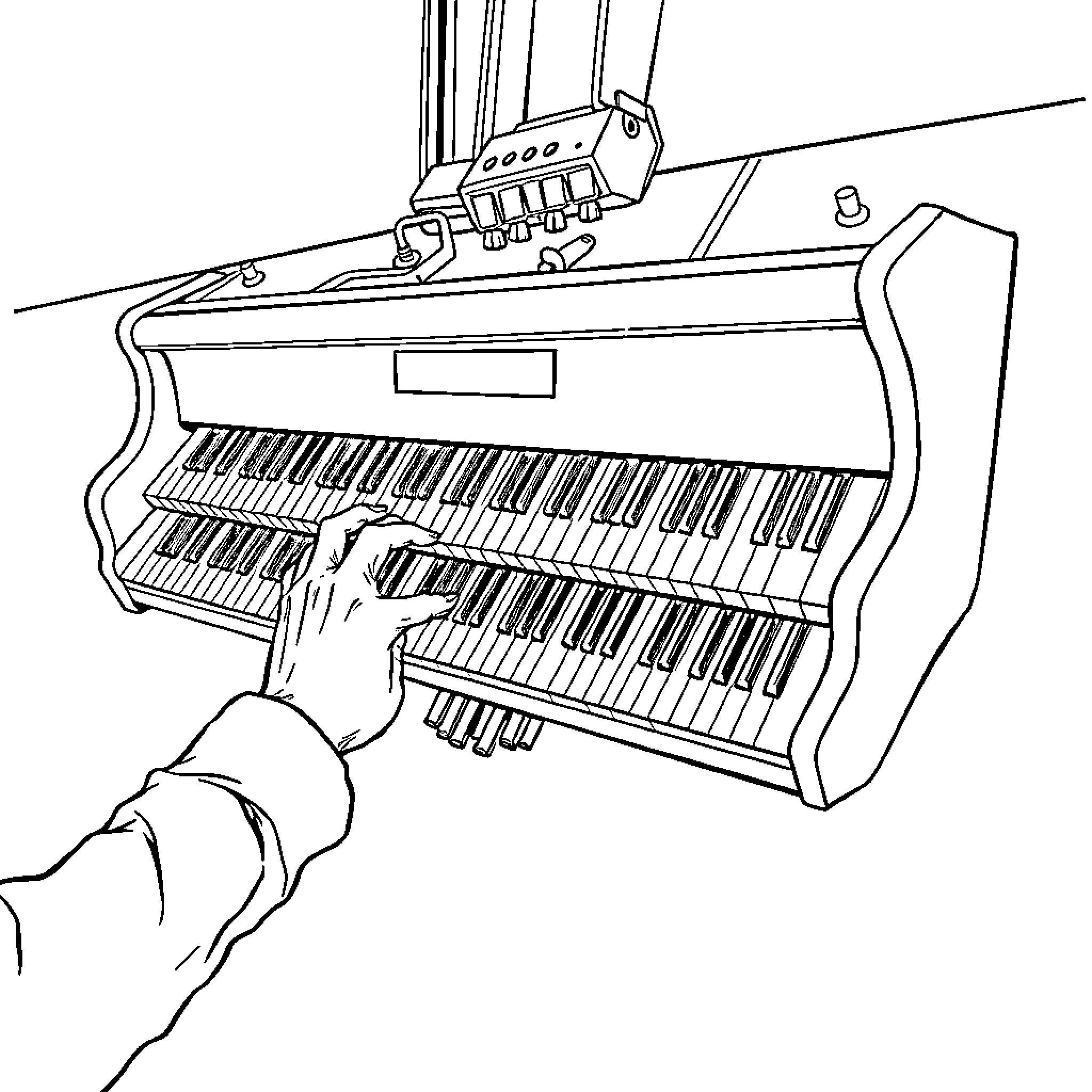 Person playing piano on stage Coloring Page (free black-and-white line drawing printable PDF for all, from beginners to advanced learners, including children, teens, adults, and seniors)