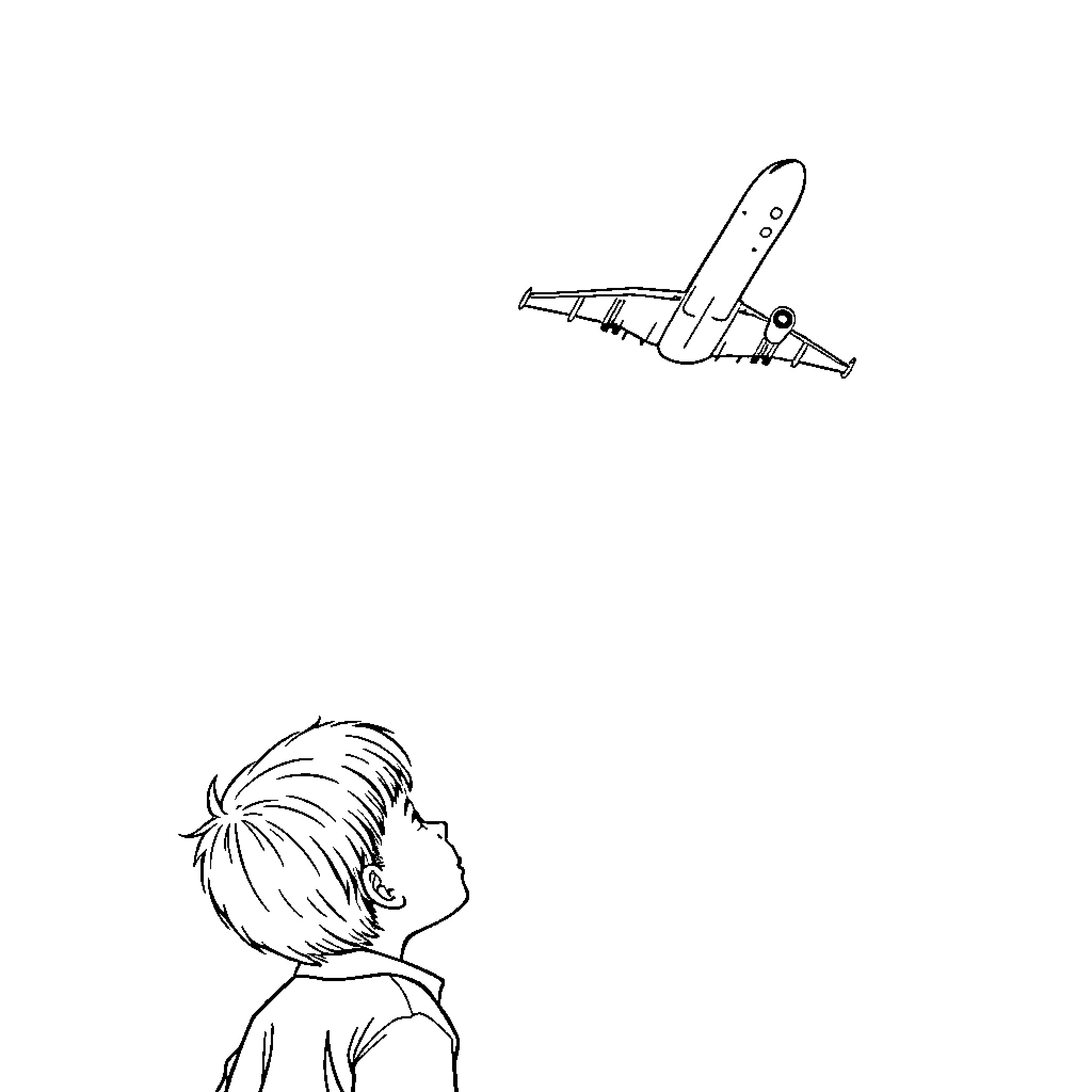 Airplane soaring above a contemplative person Coloring Page (free black-and-white line drawing printable PDF for all, from beginners to advanced learners, including children, teens, adults, and seniors)