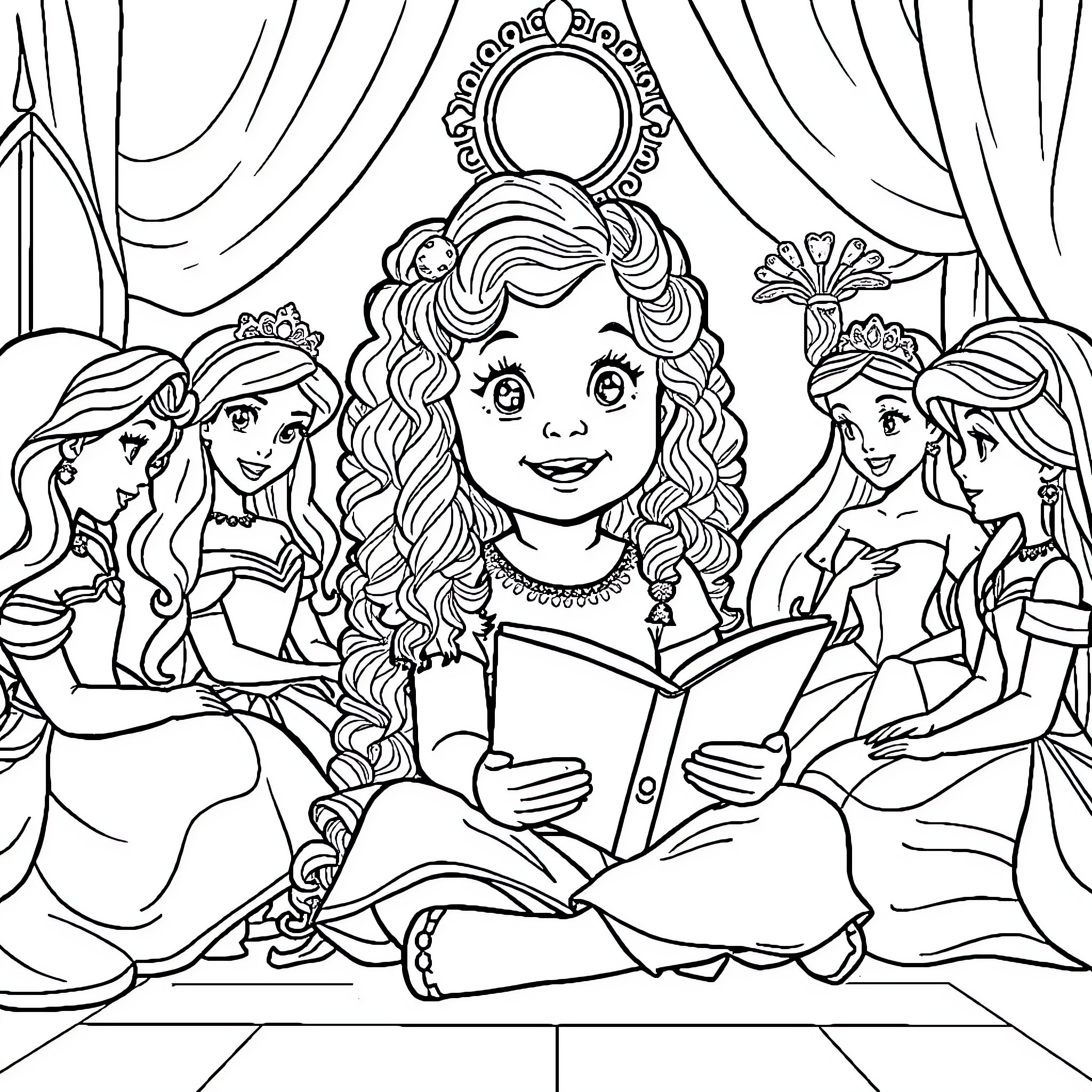 Girl reading storybook with princesses Coloring Page (free black-and-white line drawing printable PDF for all, from beginners to advanced learners, including children, teens, adults, and seniors)