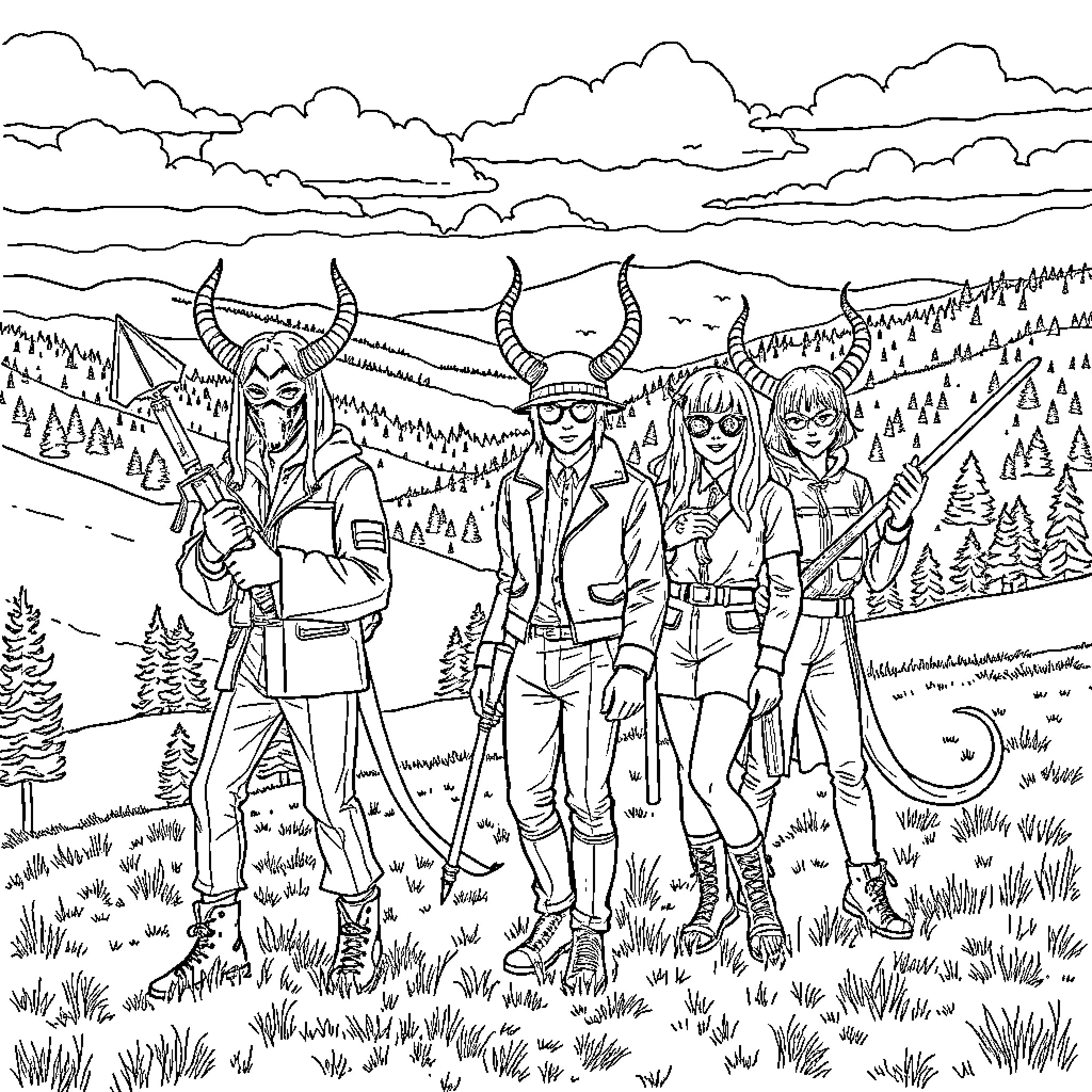 Demon Hunters in the Wilderness Coloring Page (free black-and-white line drawing printable PDF for all, from beginners to advanced learners, including children, teens, adults, and seniors)