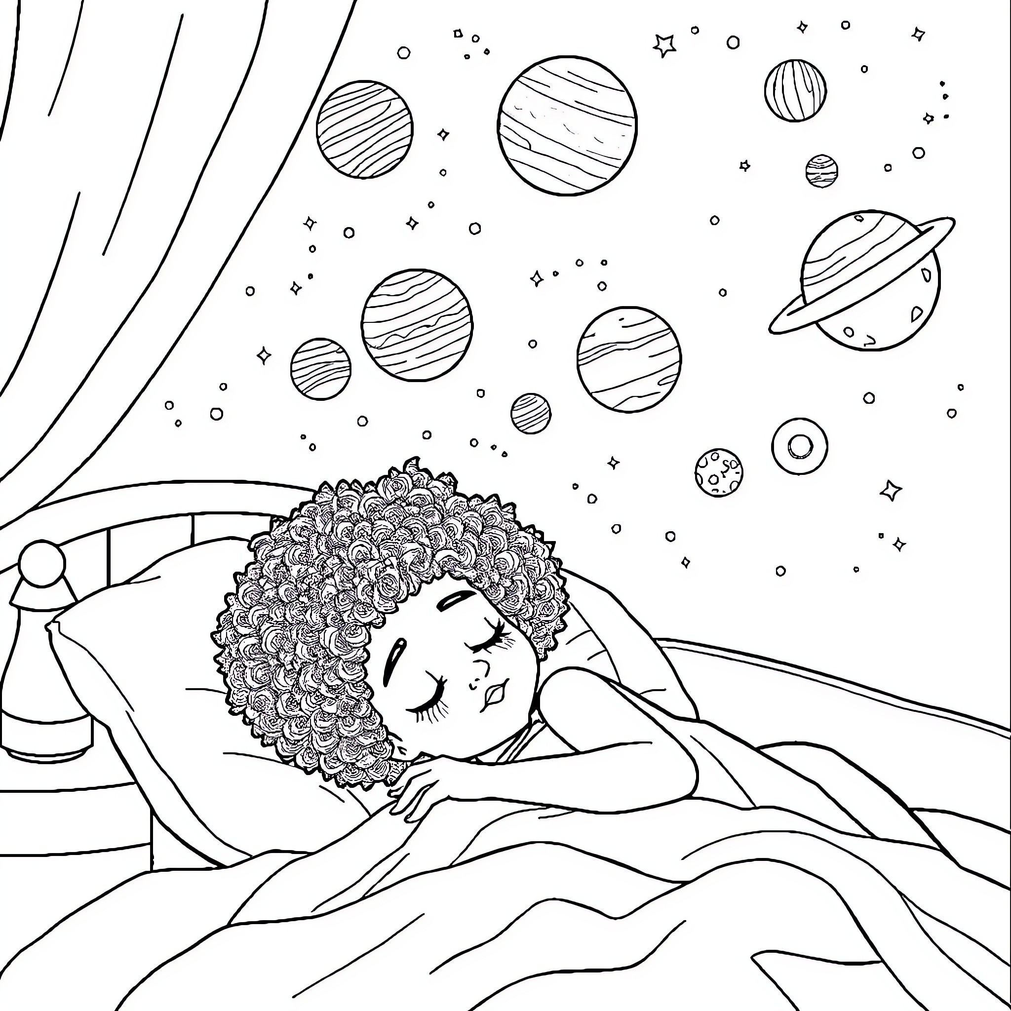 Girl sleeping peacefully under the stars Coloring Page (free black-and-white line drawing printable PDF for all, from beginners to advanced learners, including children, teens, adults, and seniors)