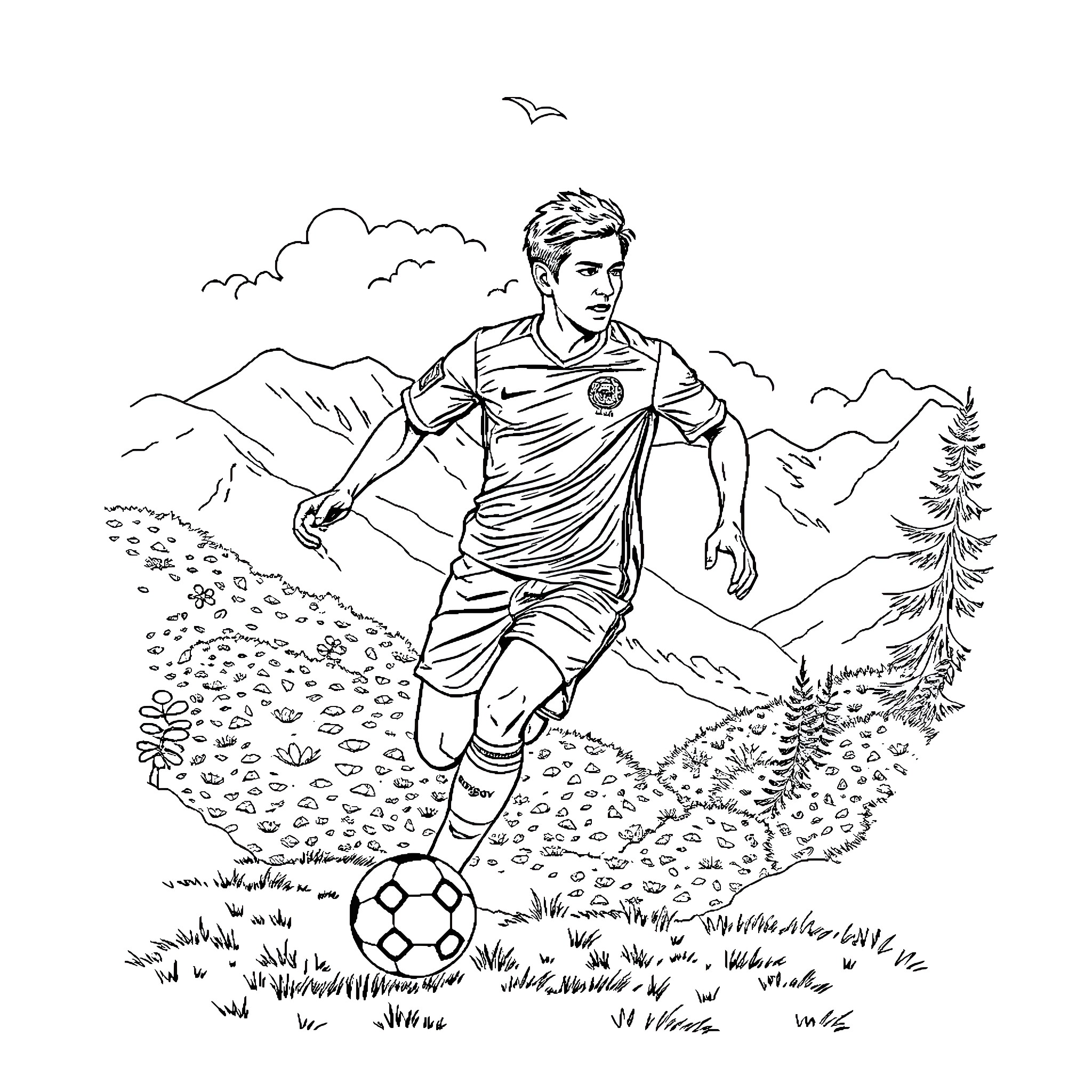 Footballer running with ball in outdoor setting Coloring Page (free black-and-white line drawing printable PDF for all, from beginners to advanced learners, including children, teens, adults, and seniors)