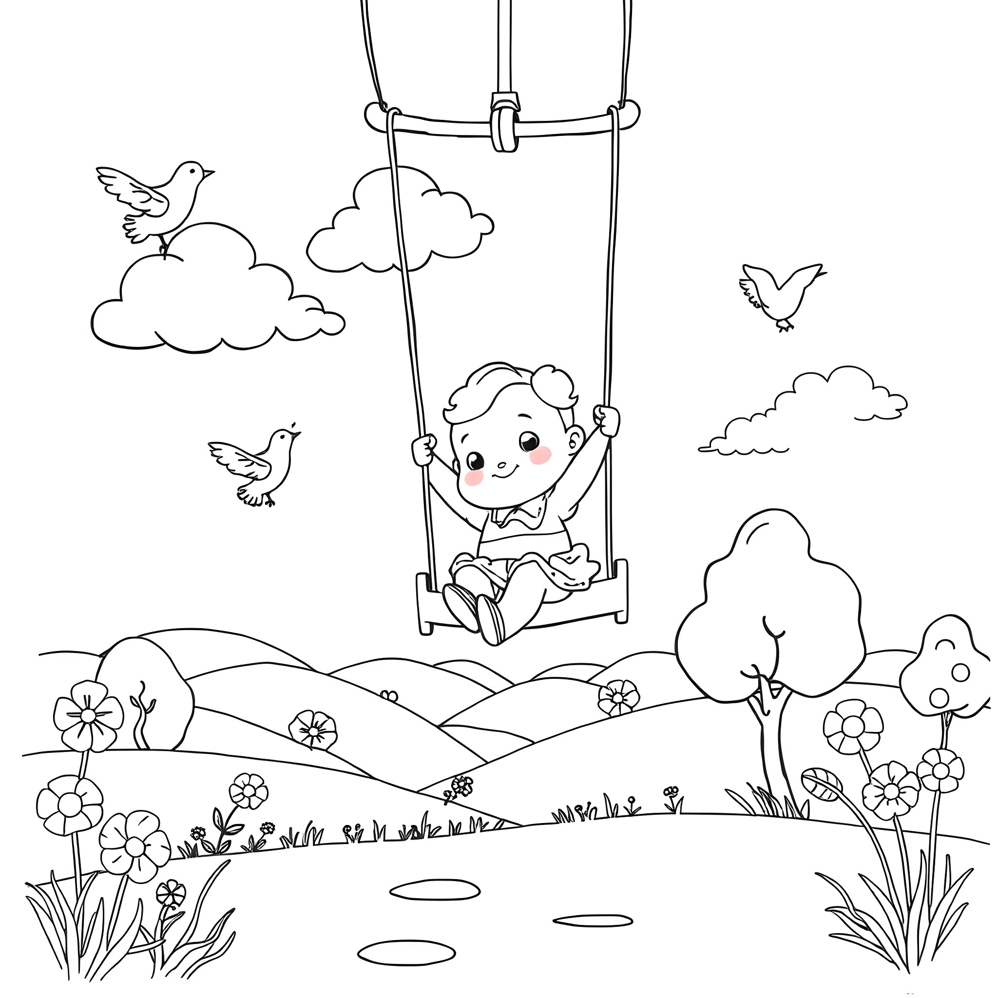 Blippie enjoying a swing ride in a whimsical landscape Coloring Page (free black-and-white line drawing printable PDF for all, from beginners to advanced learners, including children, teens, adults, and seniors)